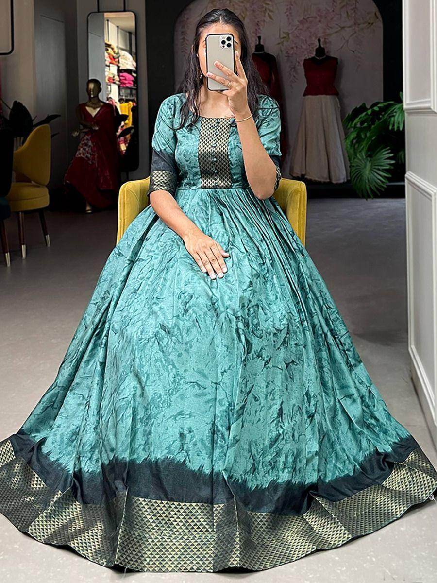 Glamorous Teal Blue Shibori Print Silk Readymade Wedding Wear Gown - Zeel Clothing
