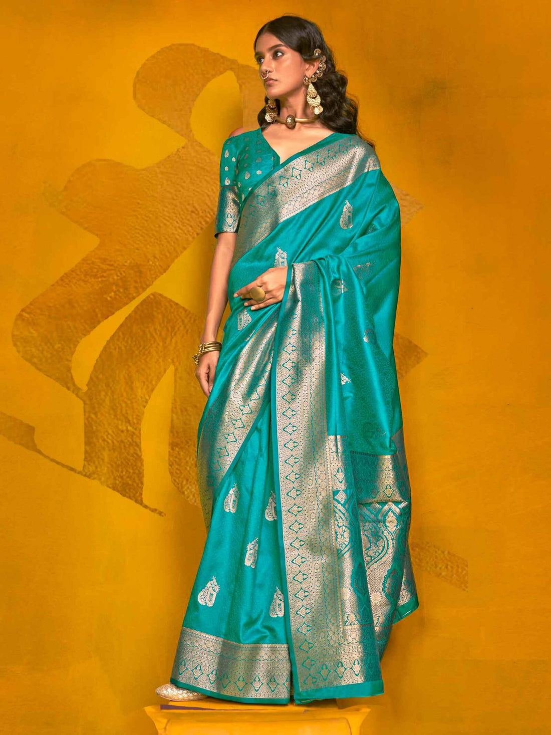 Glamorous Teal Blue Zari Weaving Silk Traditional Saree With Blouse - Zeel Clothing