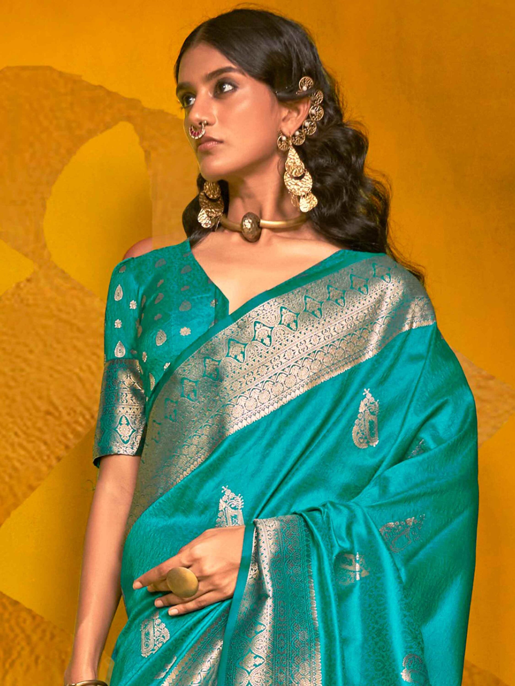 Glamorous Teal Blue Zari Weaving Silk Traditional Saree With Blouse - Zeel Clothing