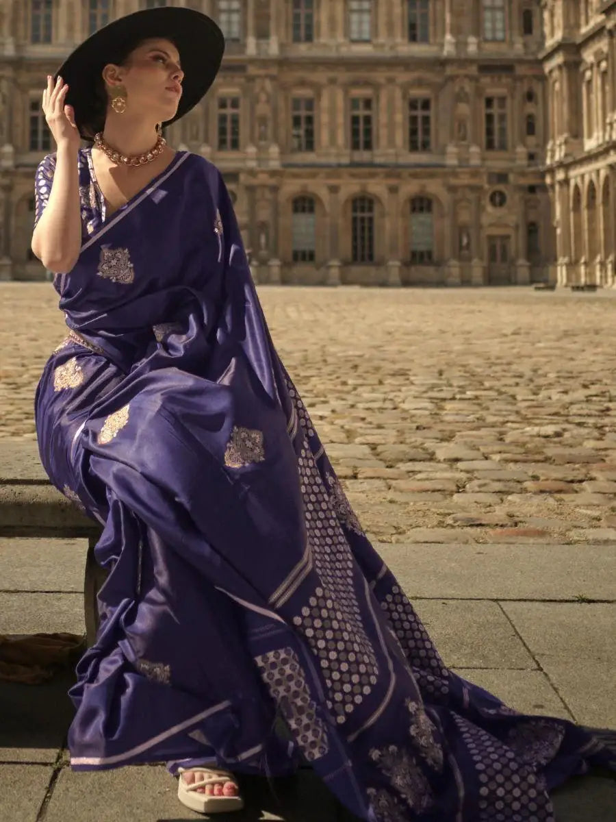 Glamorous Violet Woven Satin Function Wear Saree With Blouse - Zeel Clothing