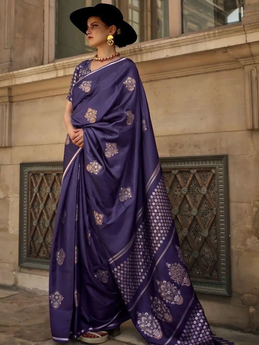 Glamorous Violet Woven Satin Function Wear Saree With Blouse - Zeel Clothing