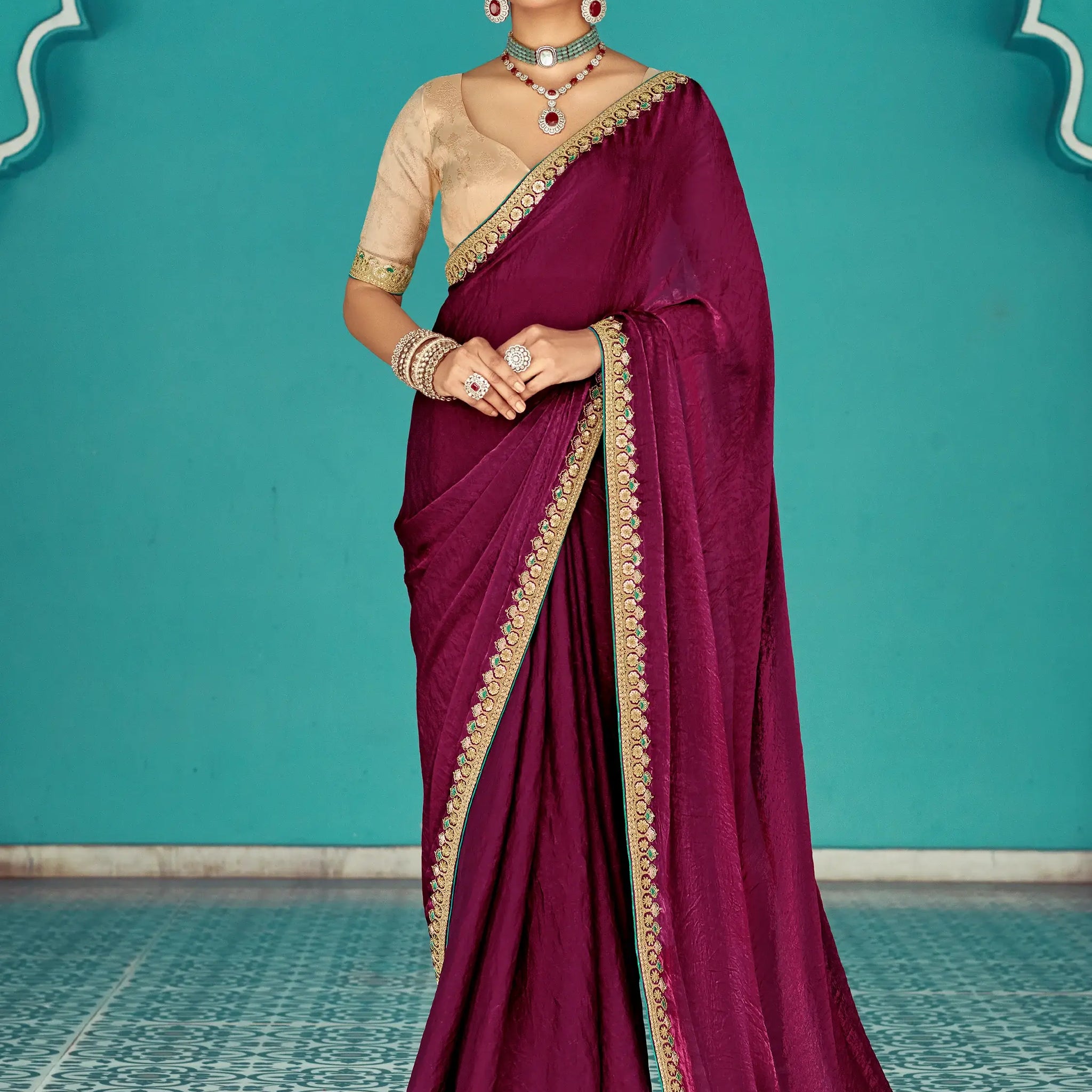 Glamorous Wine Embroidered Border Tissue Silk Bridal Wear Saree - Zeel Clothing