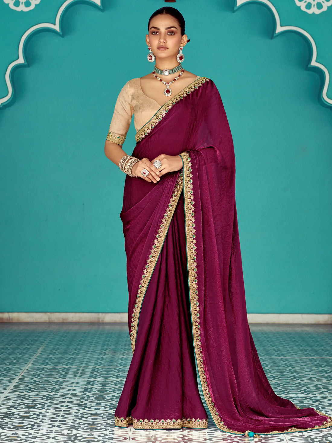 Glamorous Wine Embroidered Border Tissue Silk Bridal Wear Saree - Zeel Clothing