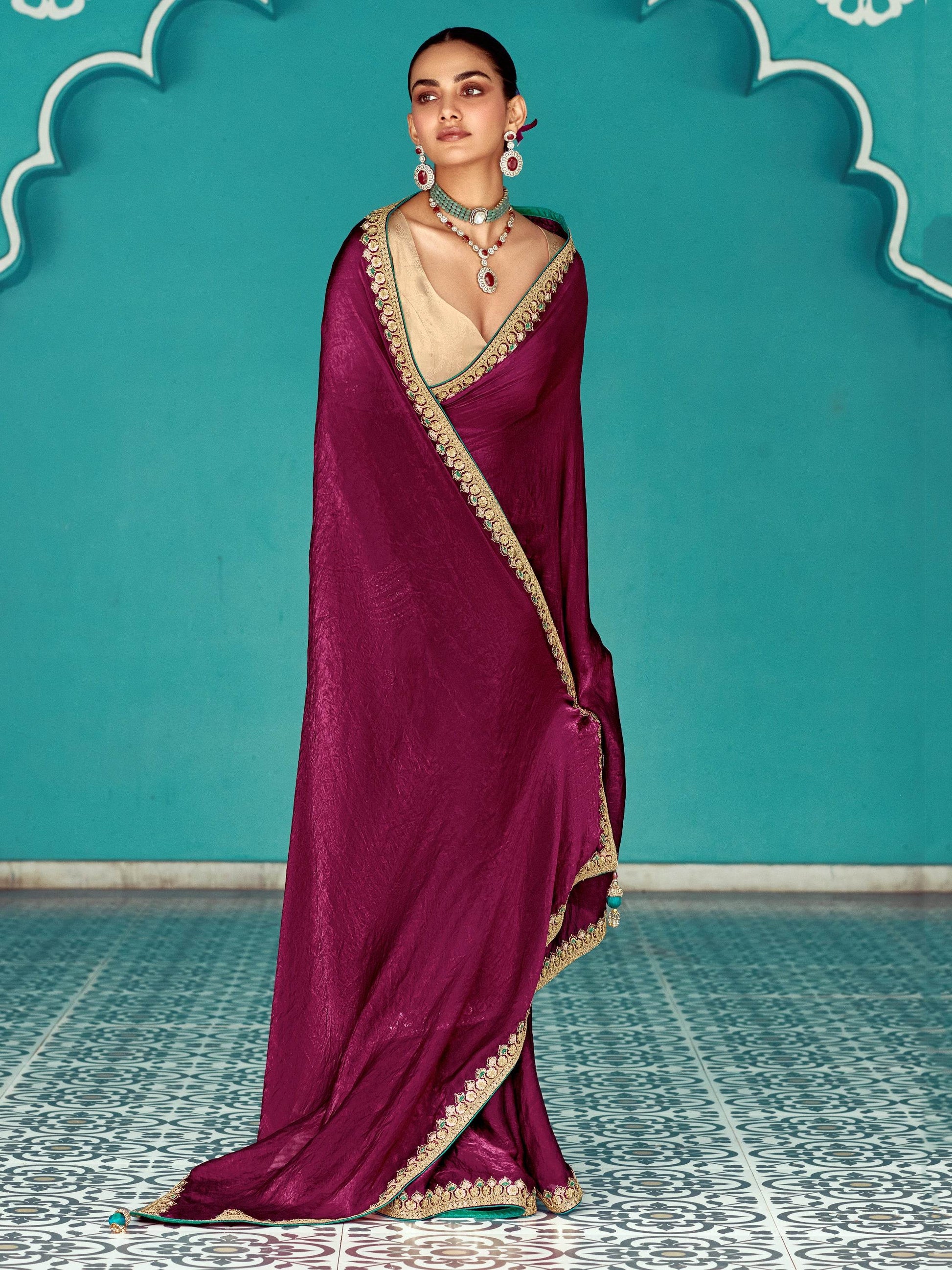 Glamorous Wine Embroidered Border Tissue Silk Bridal Wear Saree - Zeel Clothing