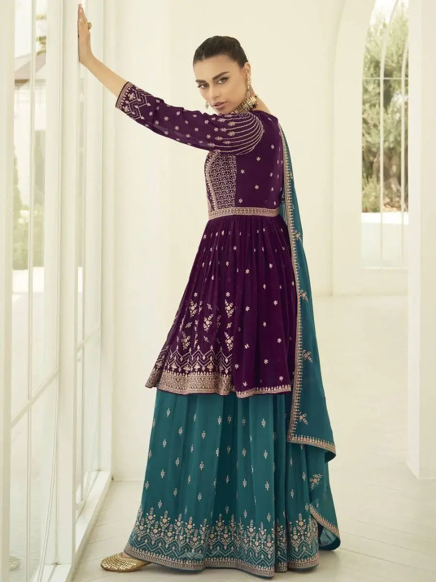 Glamorous Wine Embroidered Georgette Wedding Wear Palazzo Suit - Zeel Clothing