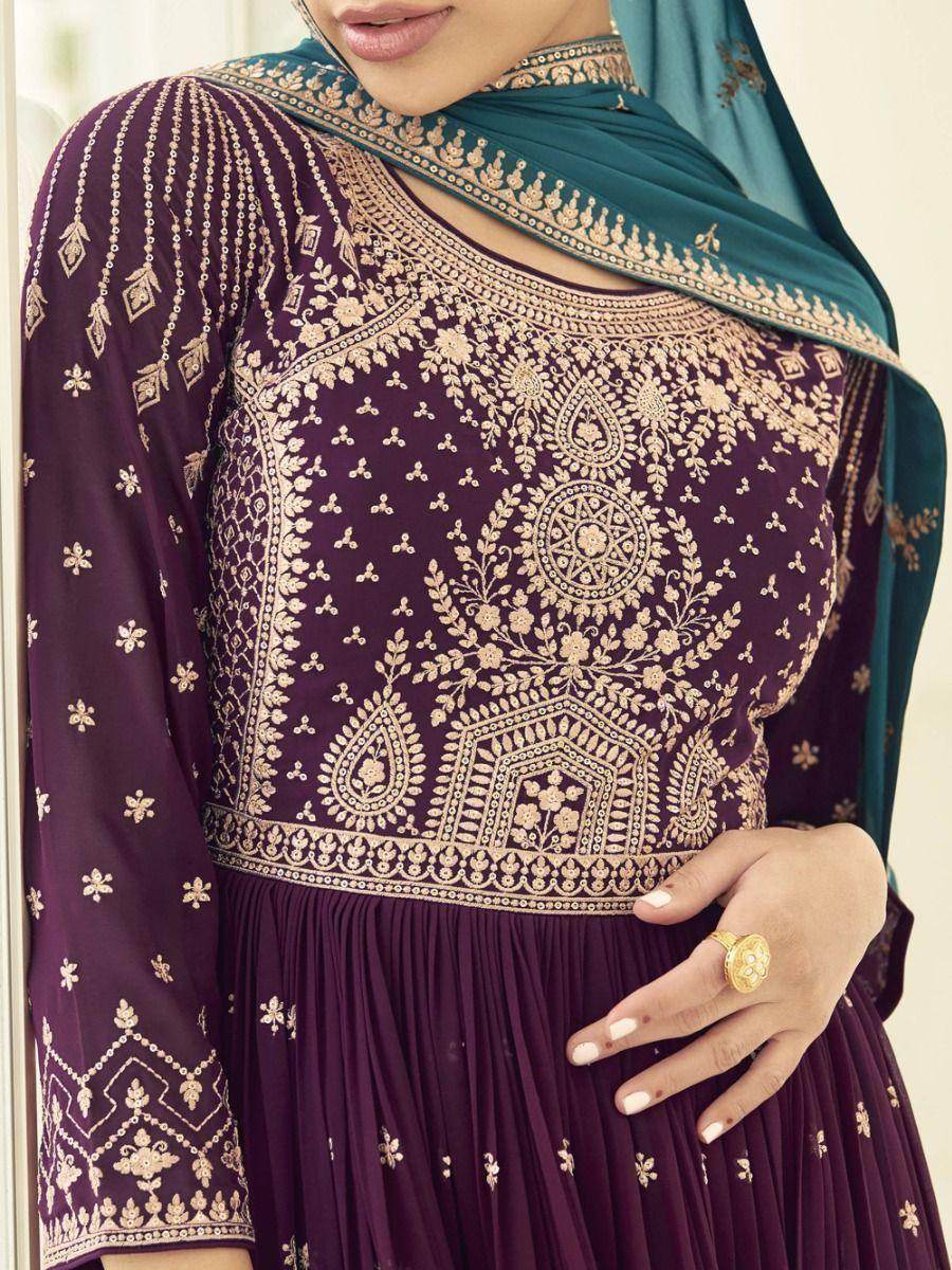 Glamorous Wine Embroidered Georgette Wedding Wear Palazzo Suit - Zeel Clothing