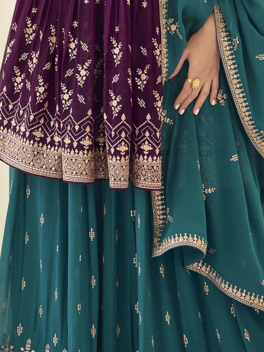 Glamorous Wine Embroidered Georgette Wedding Wear Palazzo Suit - Zeel Clothing