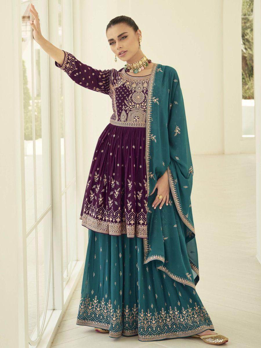 Glamorous Wine Embroidered Georgette Wedding Wear Palazzo Suit - Zeel Clothing