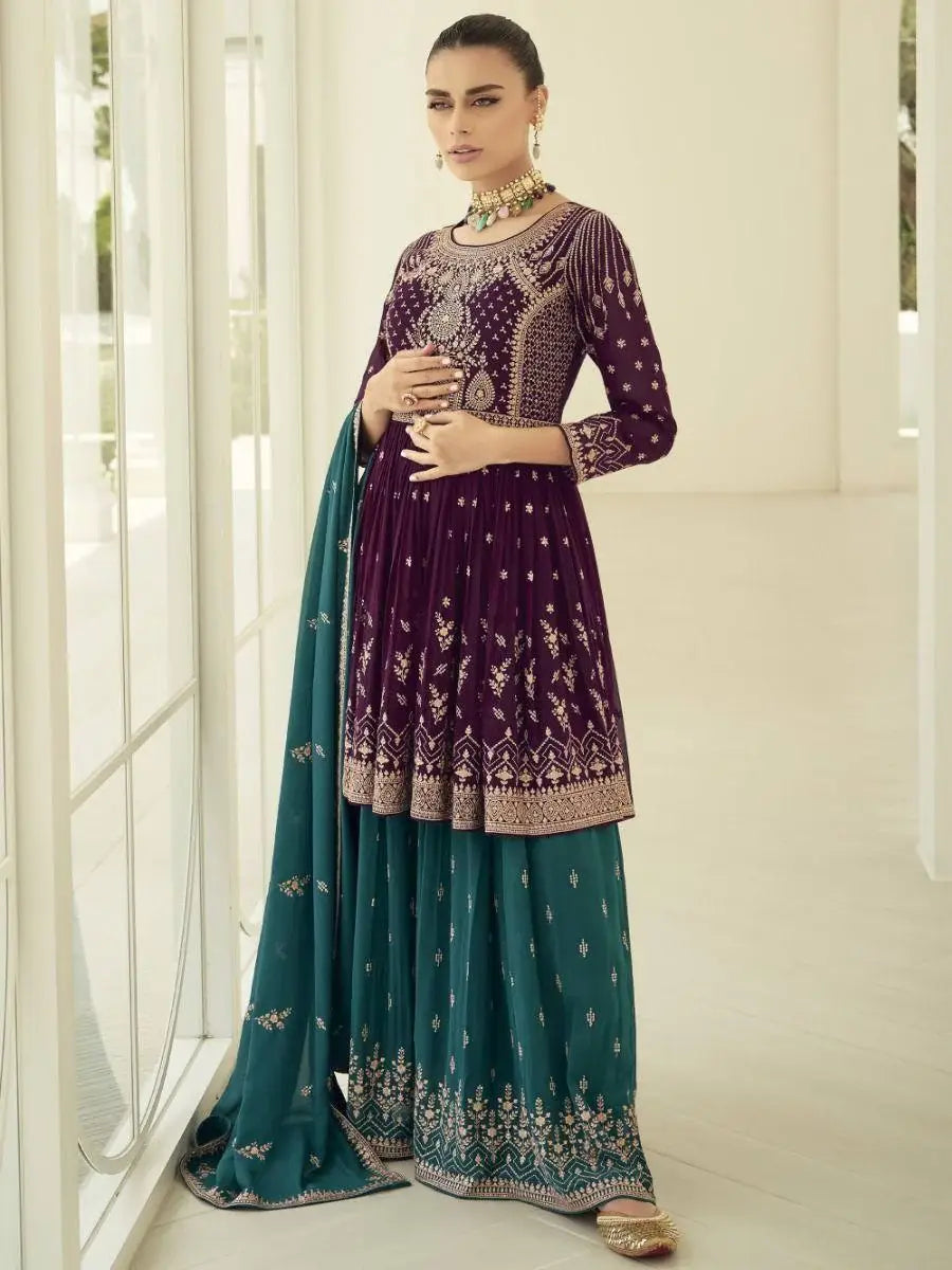 Glamorous Wine Embroidered Georgette Wedding Wear Palazzo Suit - Zeel Clothing