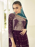 Glamorous Wine Embroidered Georgette Wedding Wear Palazzo Suit - Zeel Clothing