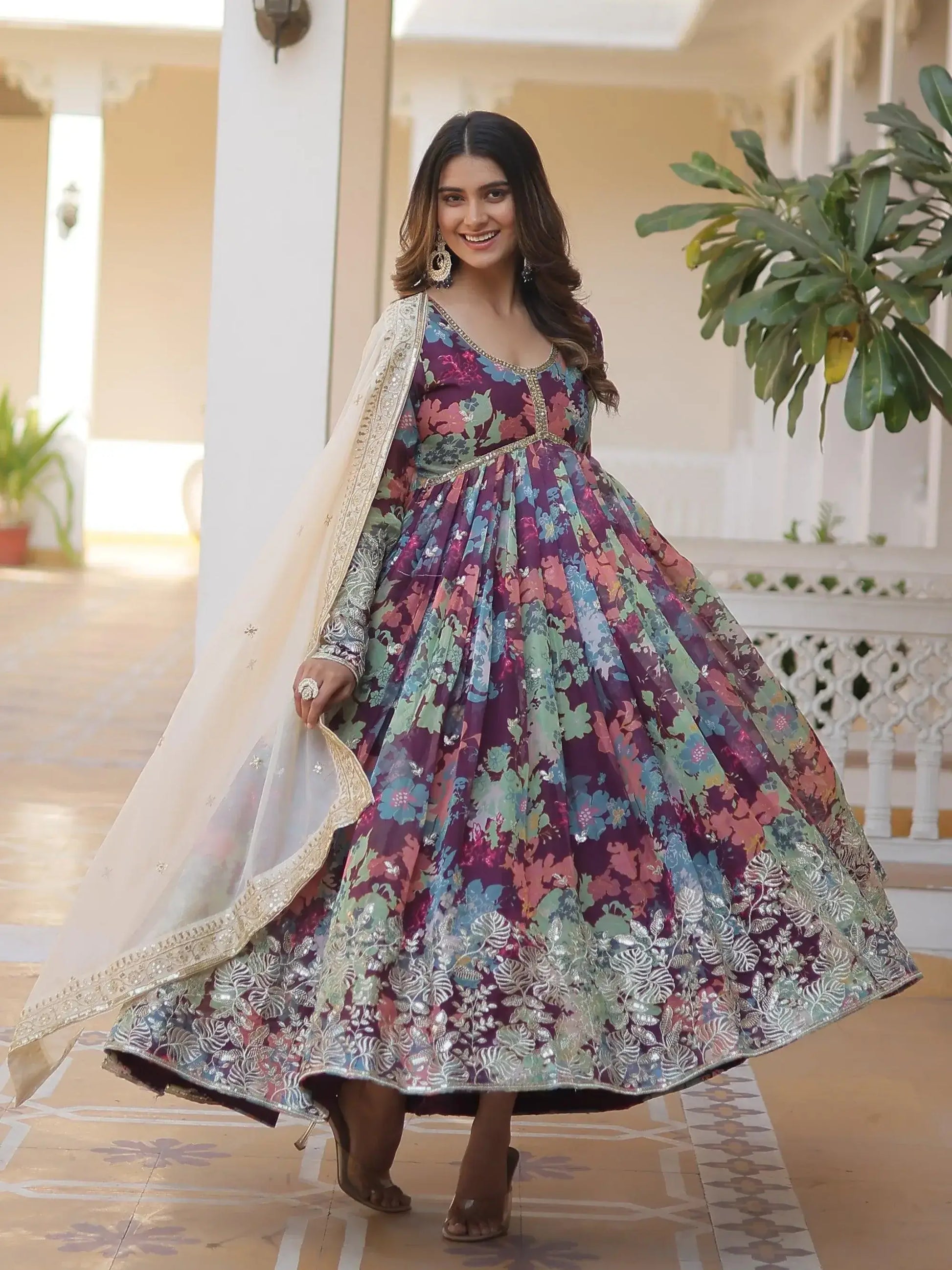Glamorous Wine Floral Printed Silk Festival Wear Gown With Dupatta - Zeel Clothing