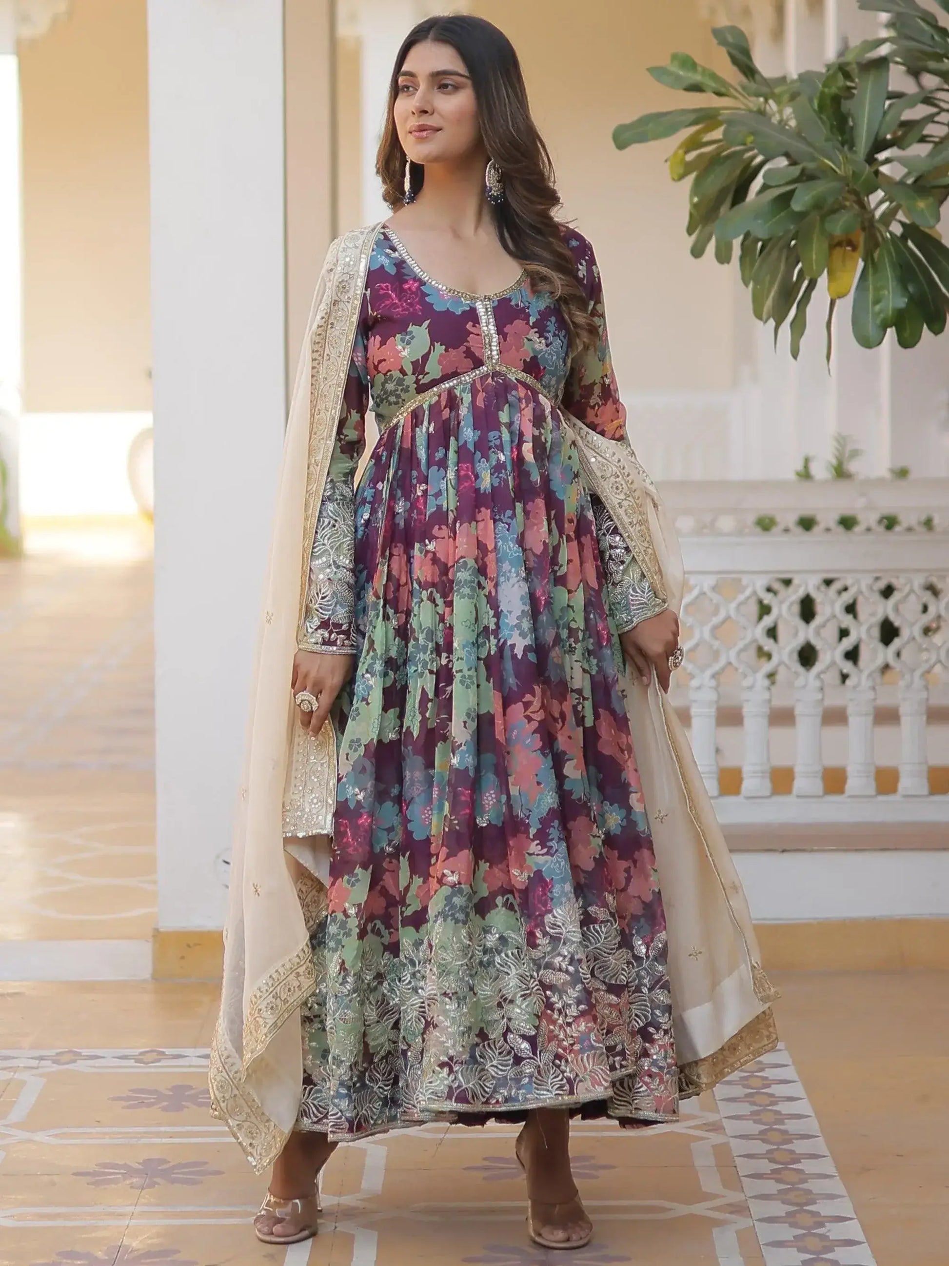 Glamorous Wine Floral Printed Silk Festival Wear Gown With Dupatta - Zeel Clothing