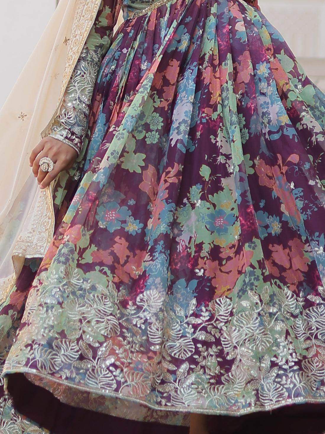 Glamorous Wine Floral Printed Silk Festival Wear Gown With Dupatta - Zeel Clothing