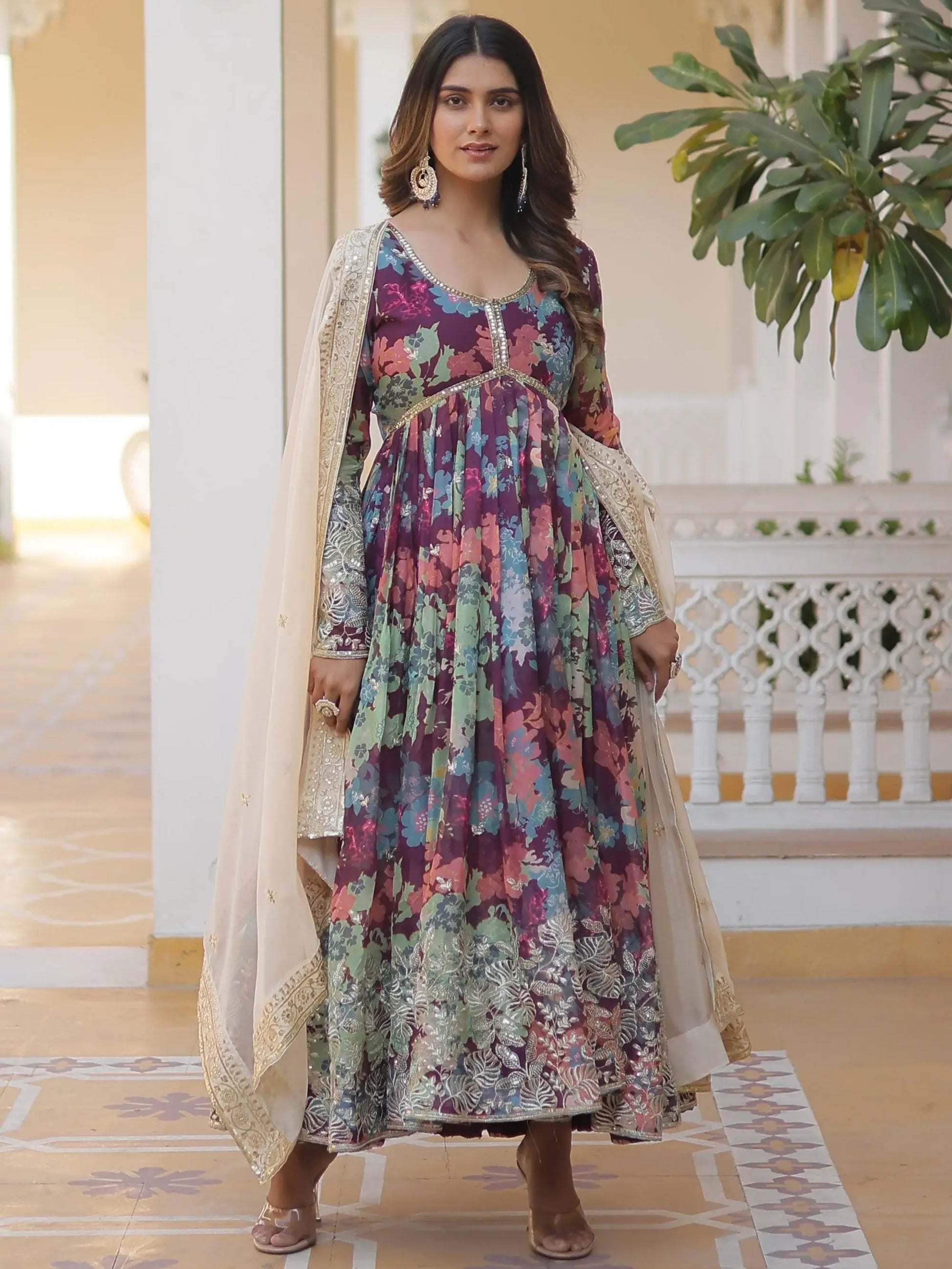 Glamorous Wine Floral Printed Silk Festival Wear Gown With Dupatta - Zeel Clothing
