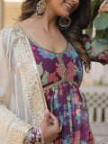 Glamorous Wine Floral Printed Silk Festival Wear Gown With Dupatta - Zeel Clothing