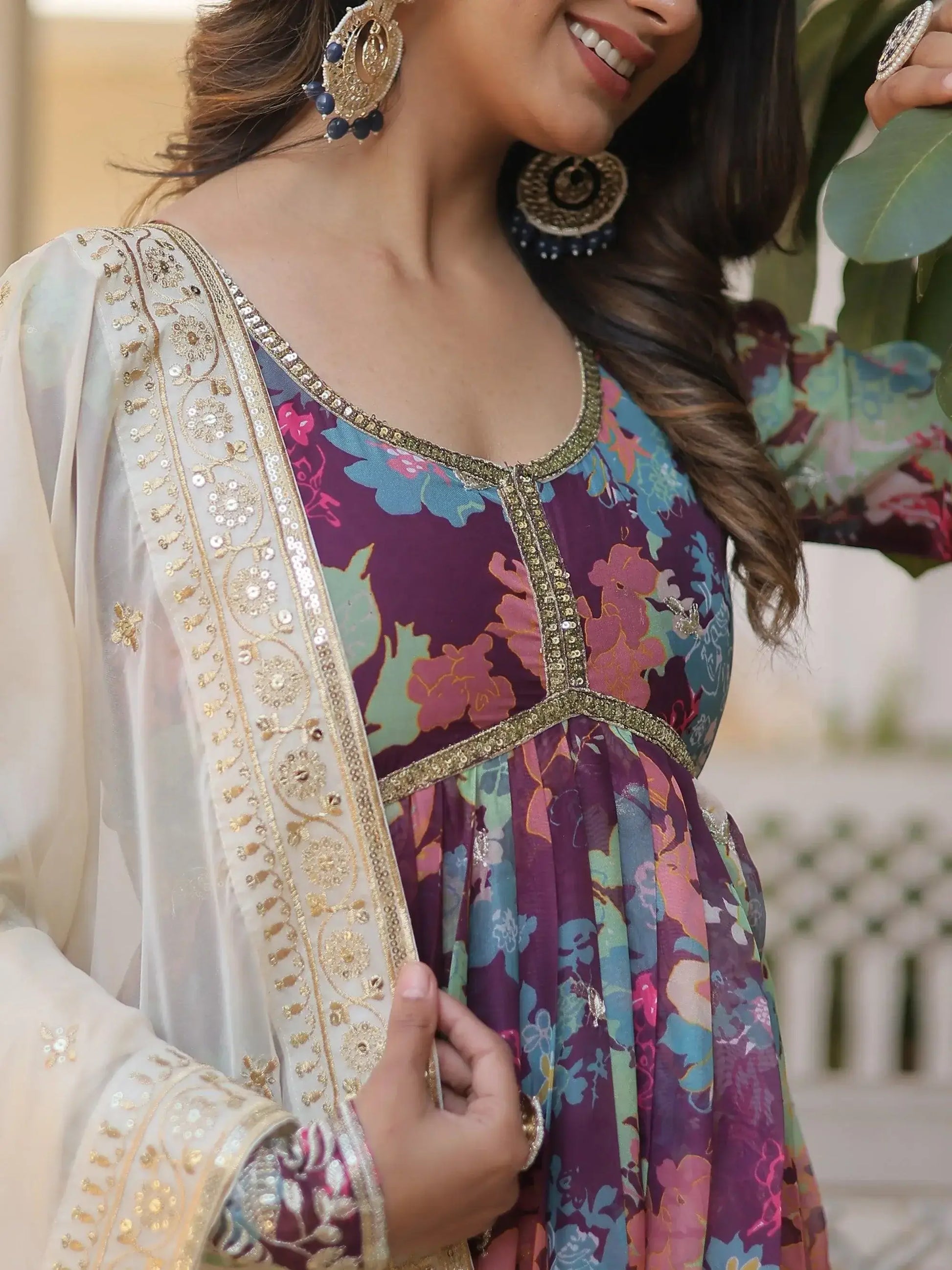 Glamorous Wine Floral Printed Silk Festival Wear Gown With Dupatta - Zeel Clothing