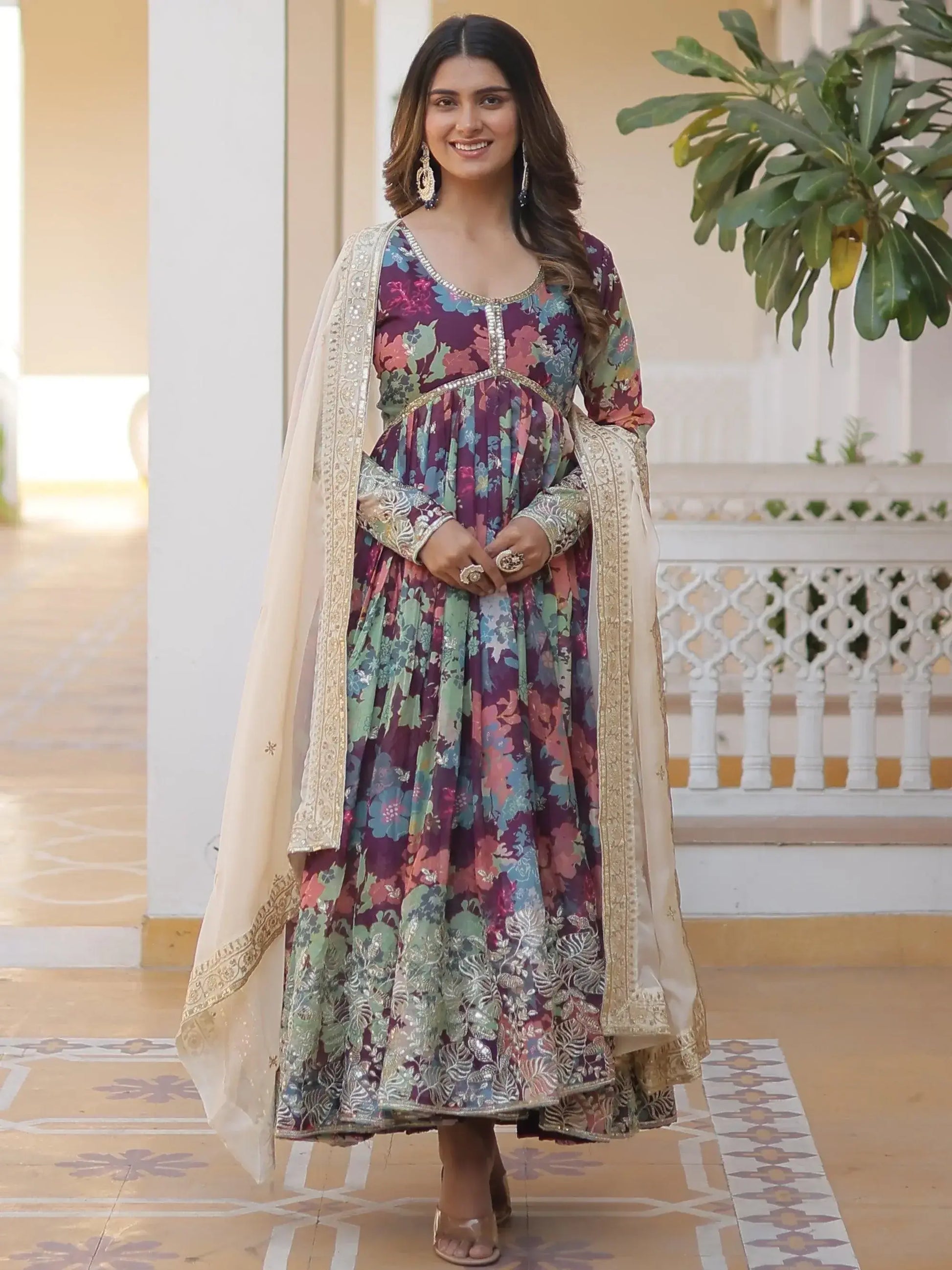 Glamorous Wine Floral Printed Silk Festival Wear Gown With Dupatta - Zeel Clothing