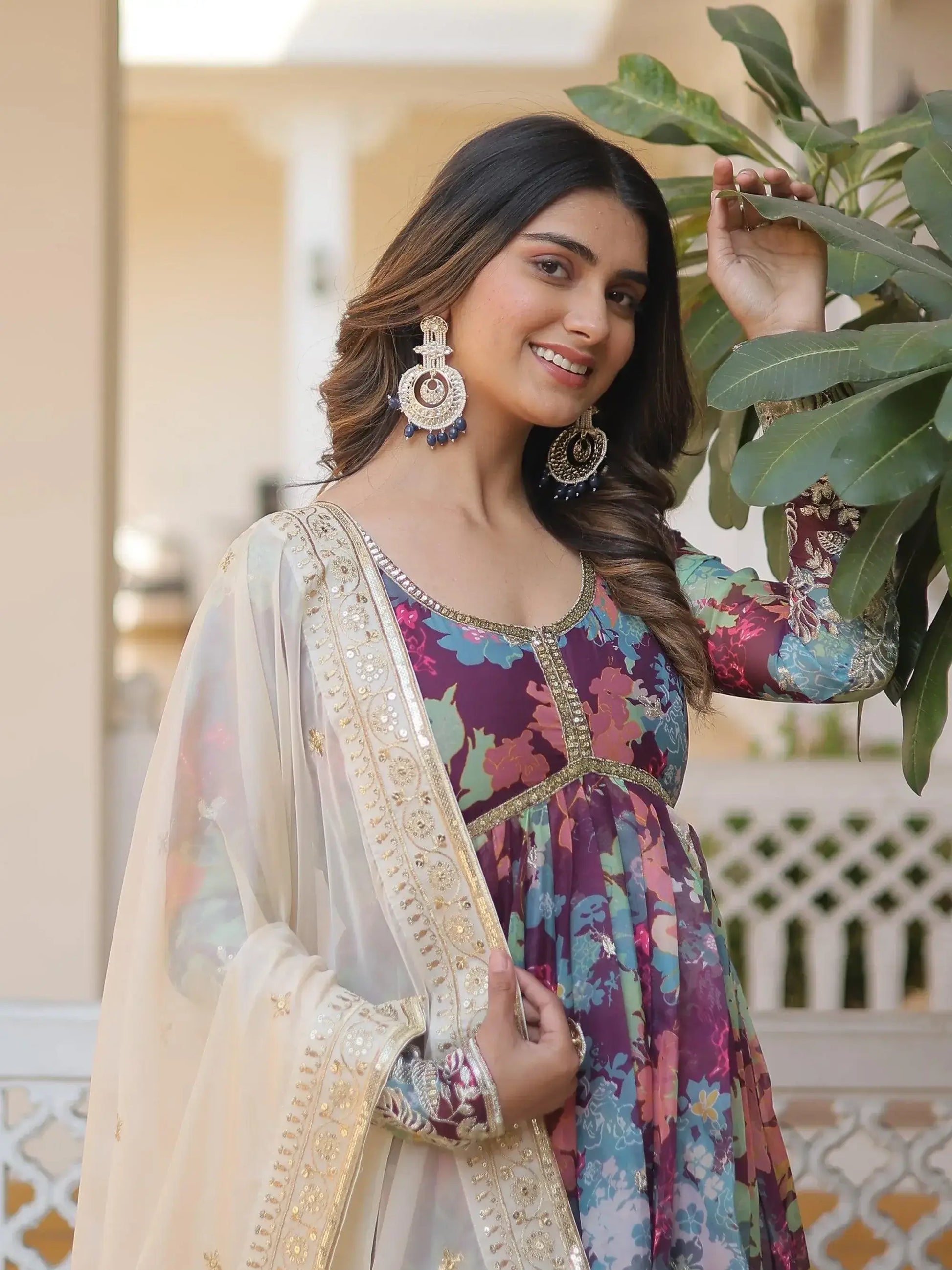 Glamorous Wine Floral Printed Silk Festival Wear Gown With Dupatta - Zeel Clothing