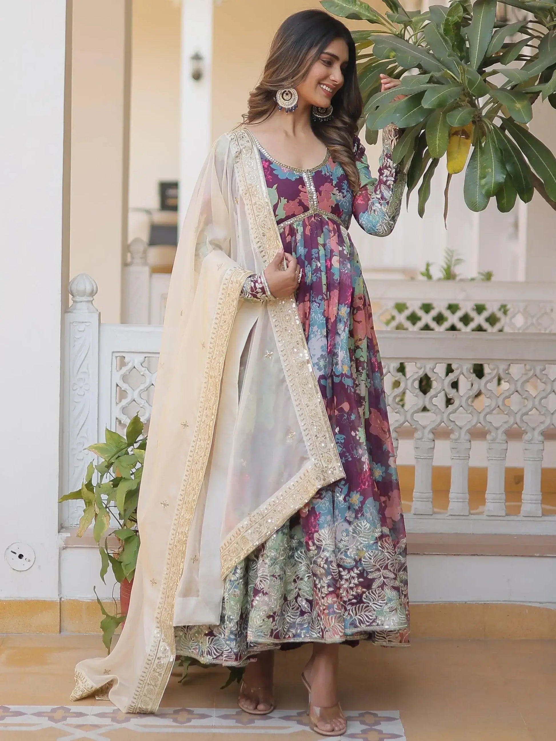 Glamorous Wine Floral Printed Silk Festival Wear Gown With Dupatta - Zeel Clothing