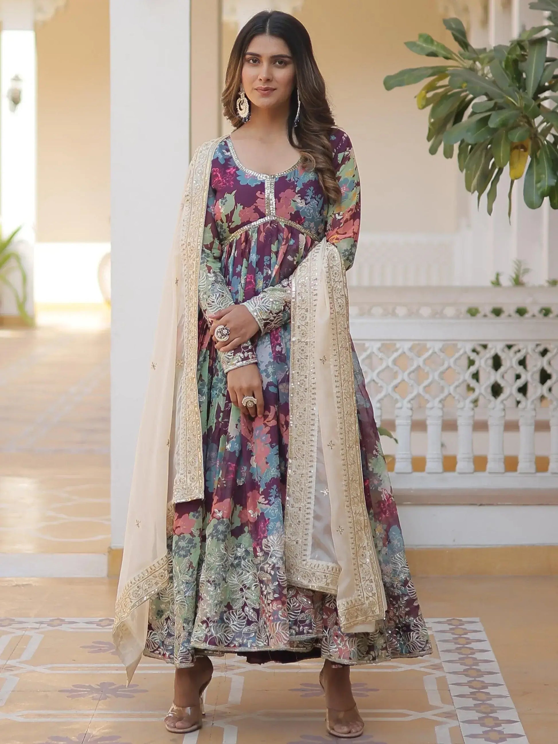 Glamorous Wine Floral Printed Silk Festival Wear Gown With Dupatta - Zeel Clothing