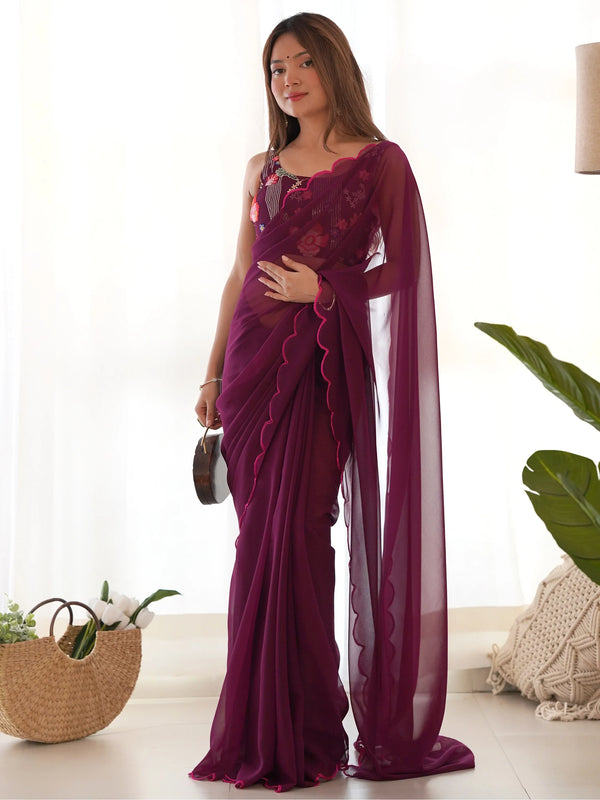 Glamorous Wine Lace Work Georgette Event Wear Saree With Blouse - Zeel Clothing