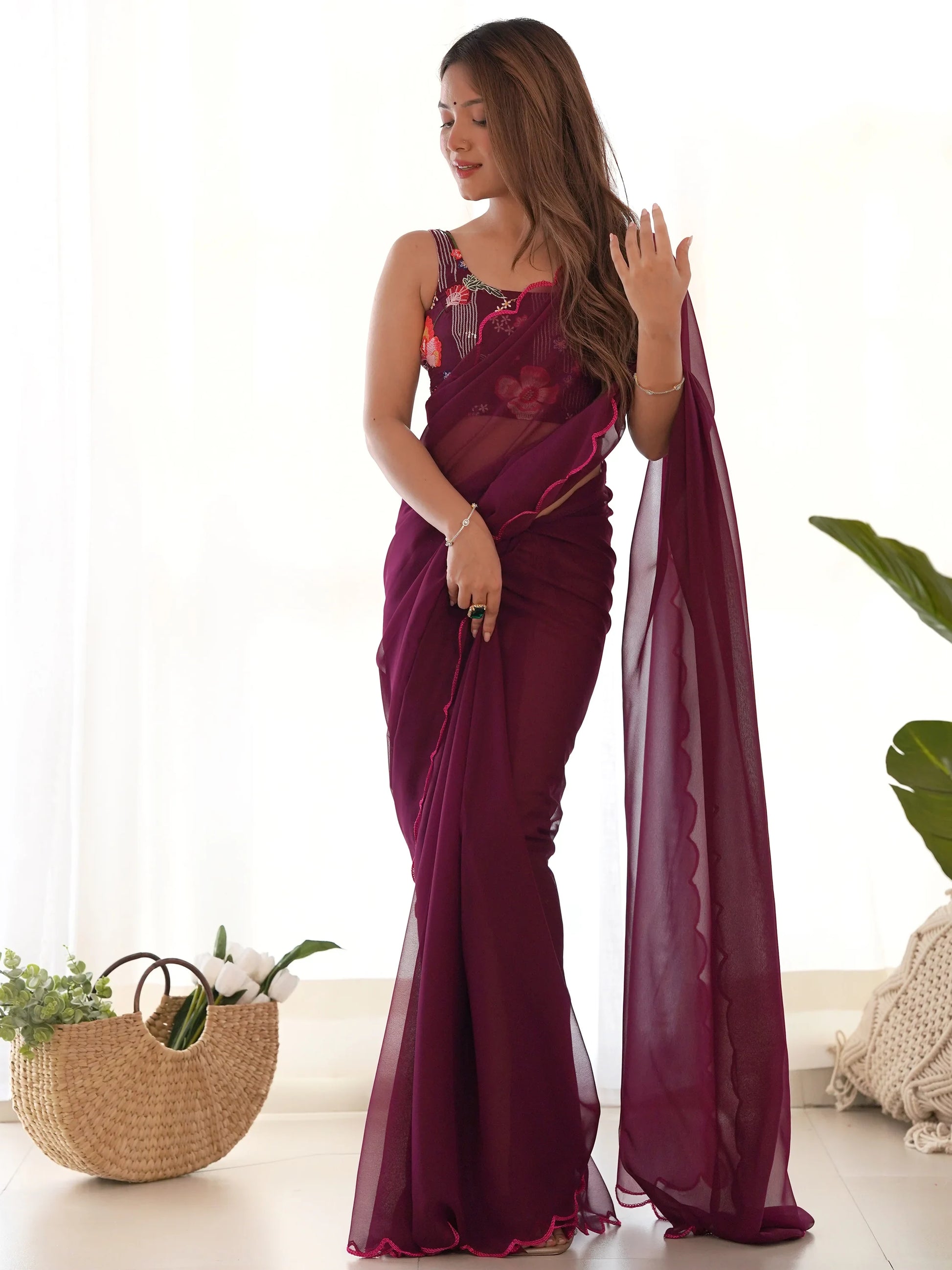 Glamorous Wine Lace Work Georgette Event Wear Saree With Blouse - Zeel Clothing