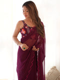 Glamorous Wine Lace Work Georgette Event Wear Saree With Blouse - Zeel Clothing