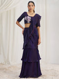 Glamorous Wine Ruffle Organza Pre-Stitched Saree With Hand Work Blouse - Zeel Clothing