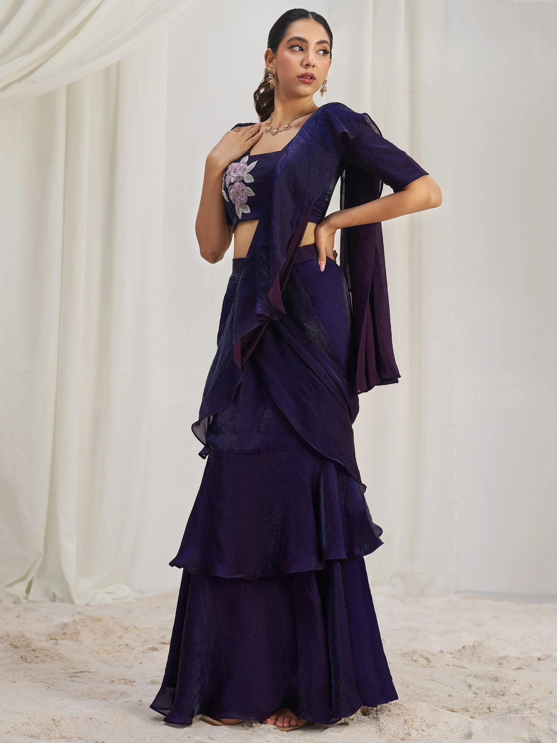 Glamorous Wine Ruffle Organza Pre-Stitched Saree With Hand Work Blouse - Zeel Clothing