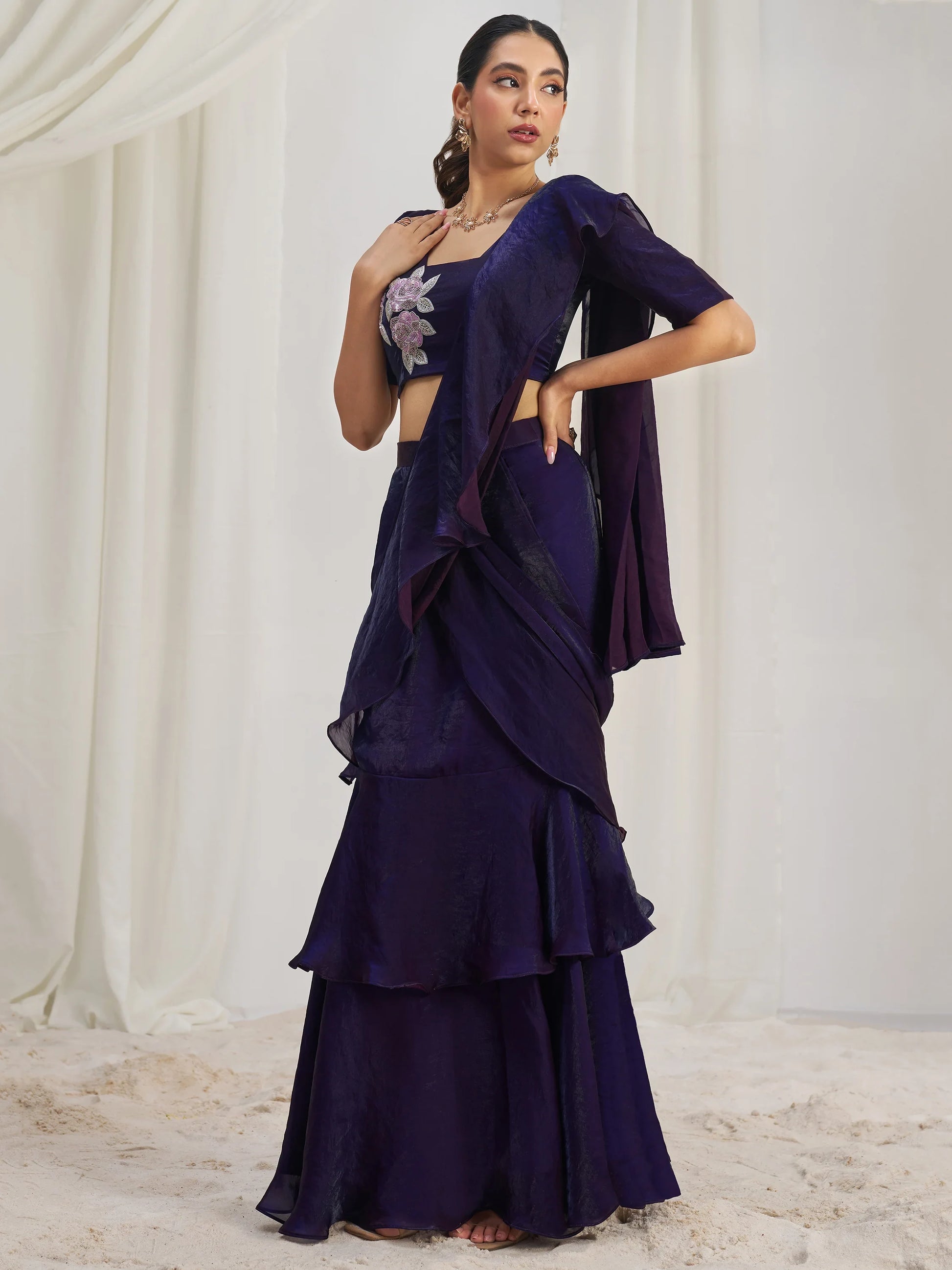 Glamorous Wine Ruffle Organza Pre-Stitched Saree With Hand Work Blouse - Zeel Clothing