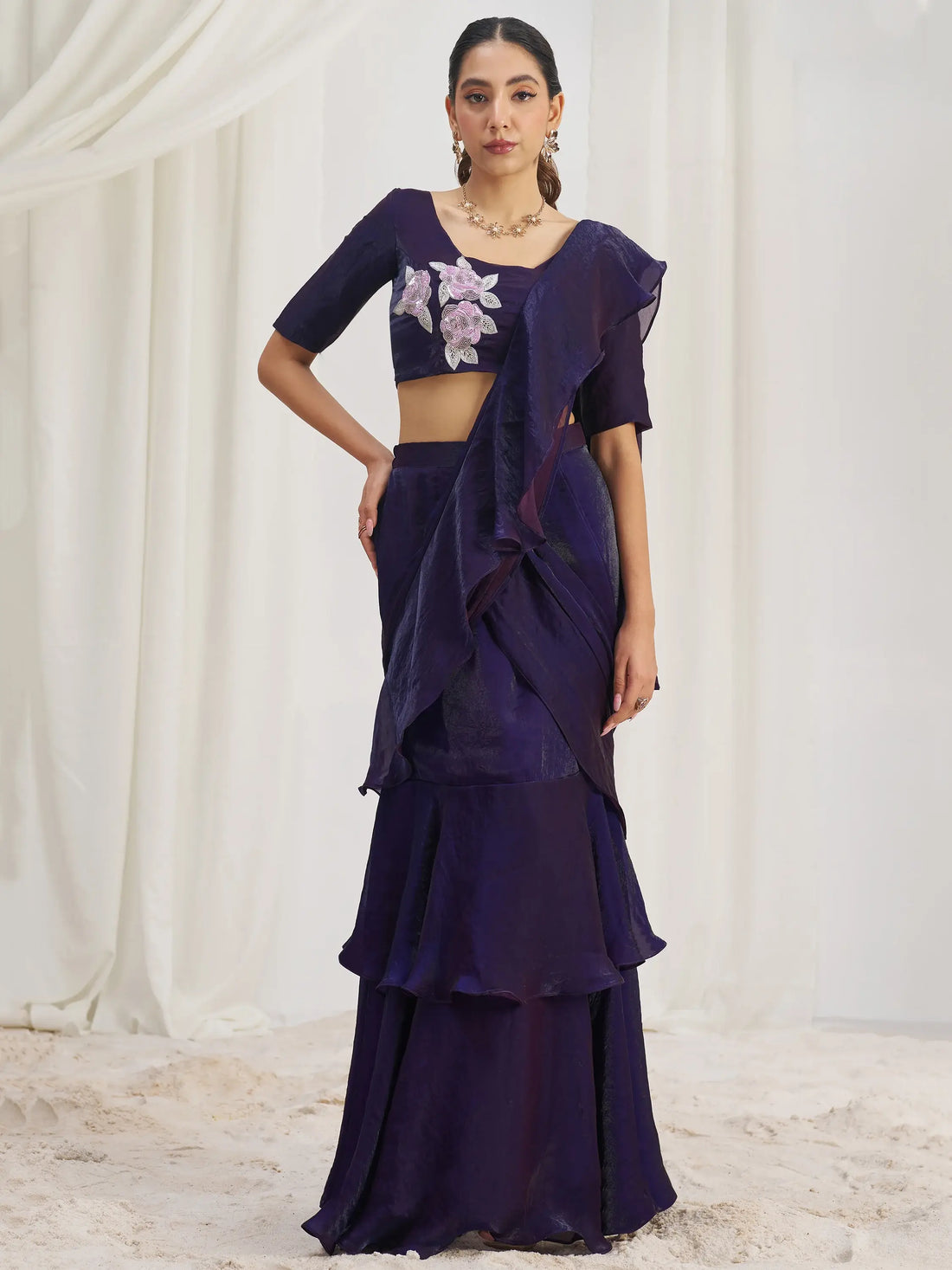 Glamorous Wine Ruffle Organza Pre-Stitched Saree With Hand Work Blouse - Zeel Clothing