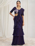 Glamorous Wine Ruffle Organza Pre-Stitched Saree With Hand Work Blouse - Zeel Clothing
