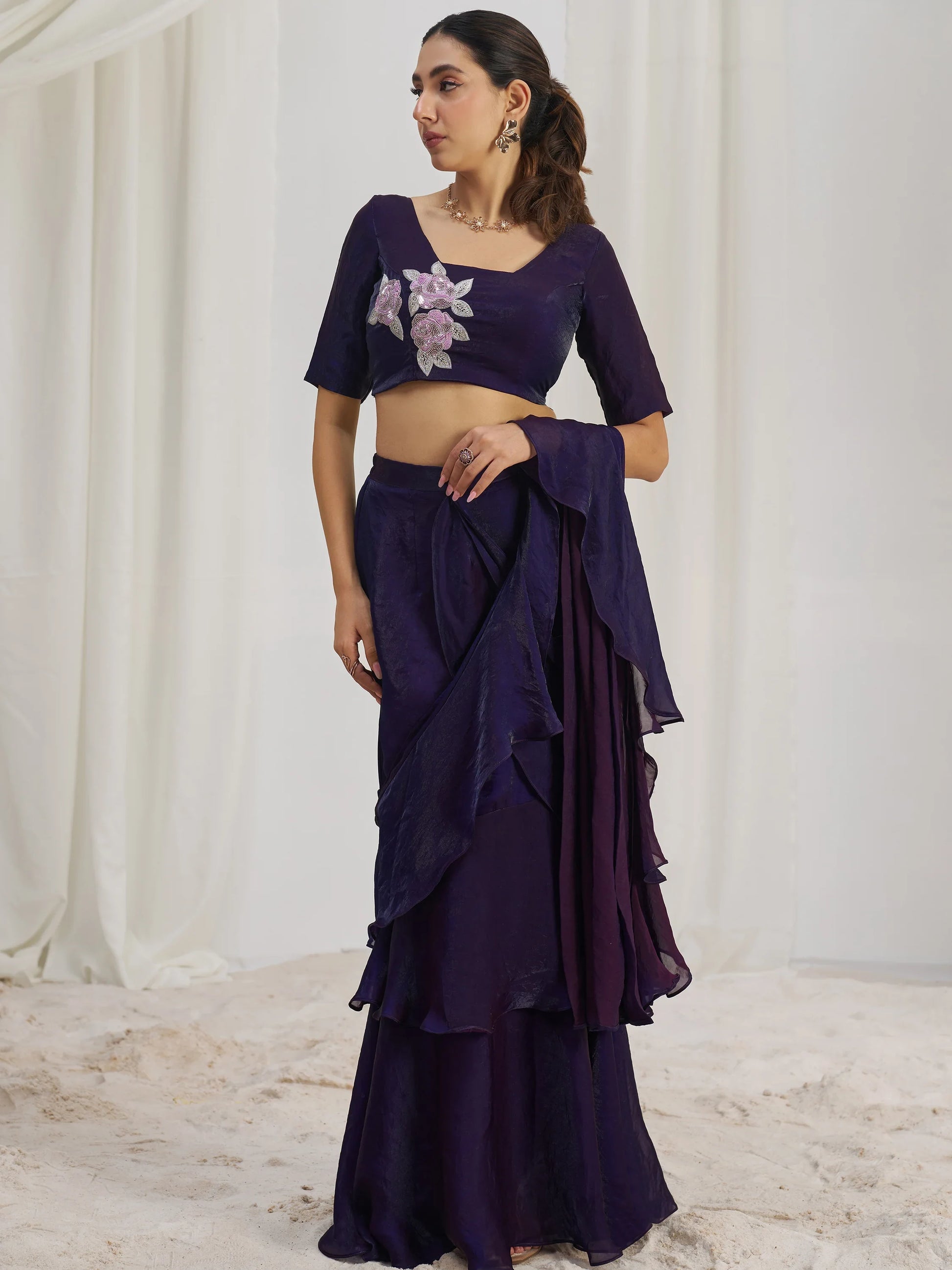 Glamorous Wine Ruffle Organza Pre-Stitched Saree With Hand Work Blouse - Zeel Clothing
