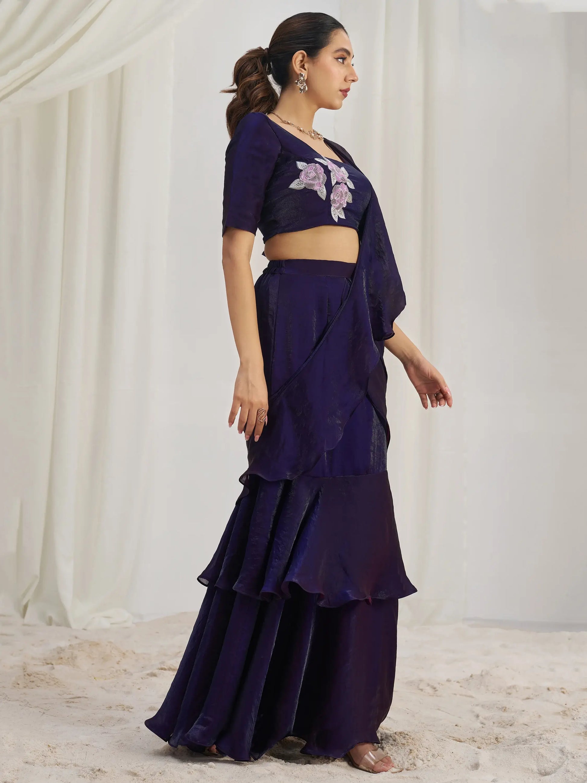 Glamorous Wine Ruffle Organza Pre-Stitched Saree With Hand Work Blouse - Zeel Clothing