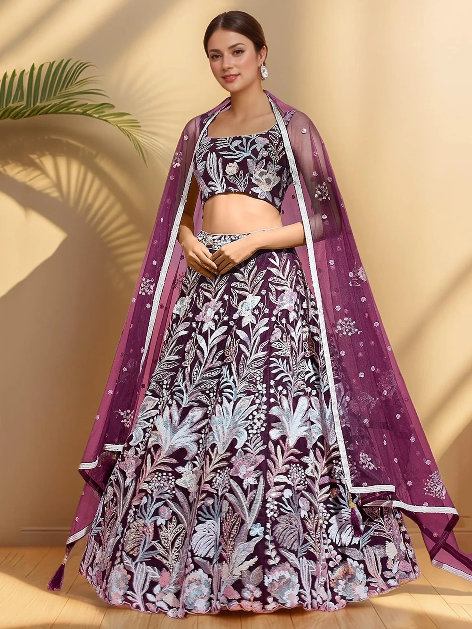 Glamorous Wine Sequins Net Reception Wear Lehenga Choli With Dupatta - Zeel Clothing