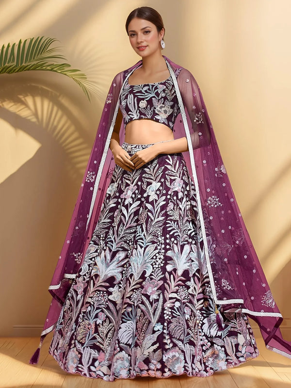 Glamorous Wine Sequins Net Reception Wear Lehenga Choli With Dupatta - Zeel Clothing