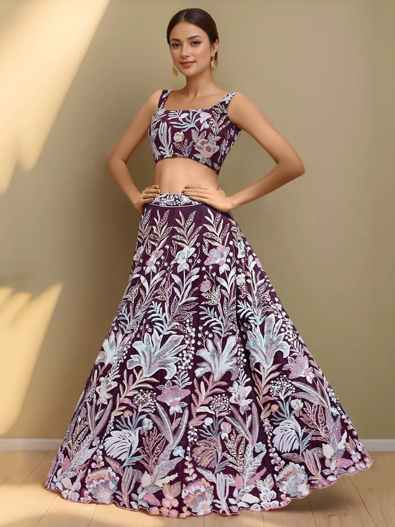 Glamorous Wine Sequins Net Reception Wear Lehenga Choli With Dupatta - Zeel Clothing