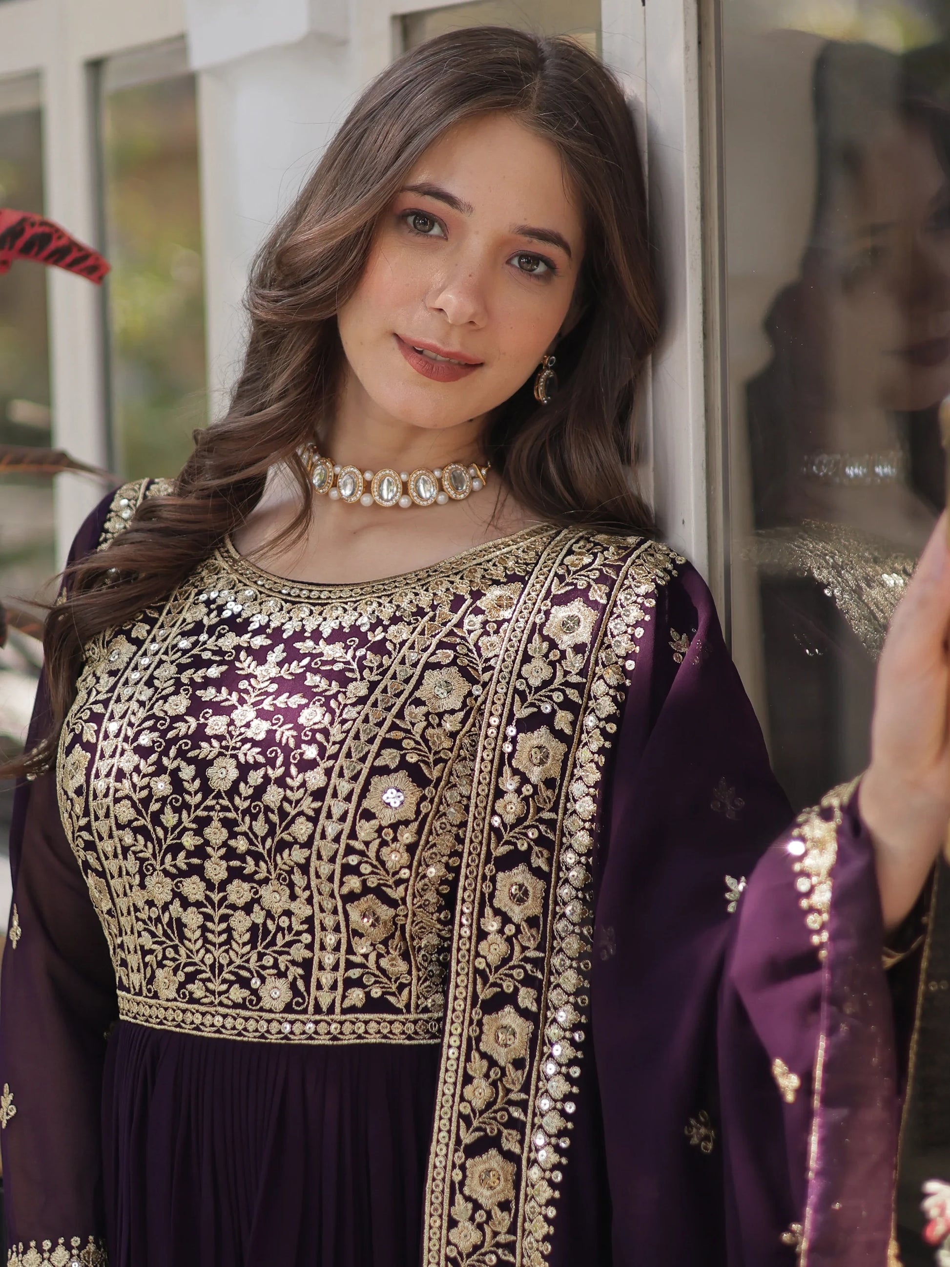 Glamorous Wine Zari Embroidered Georgette Reception Wear Gown - Zeel Clothing