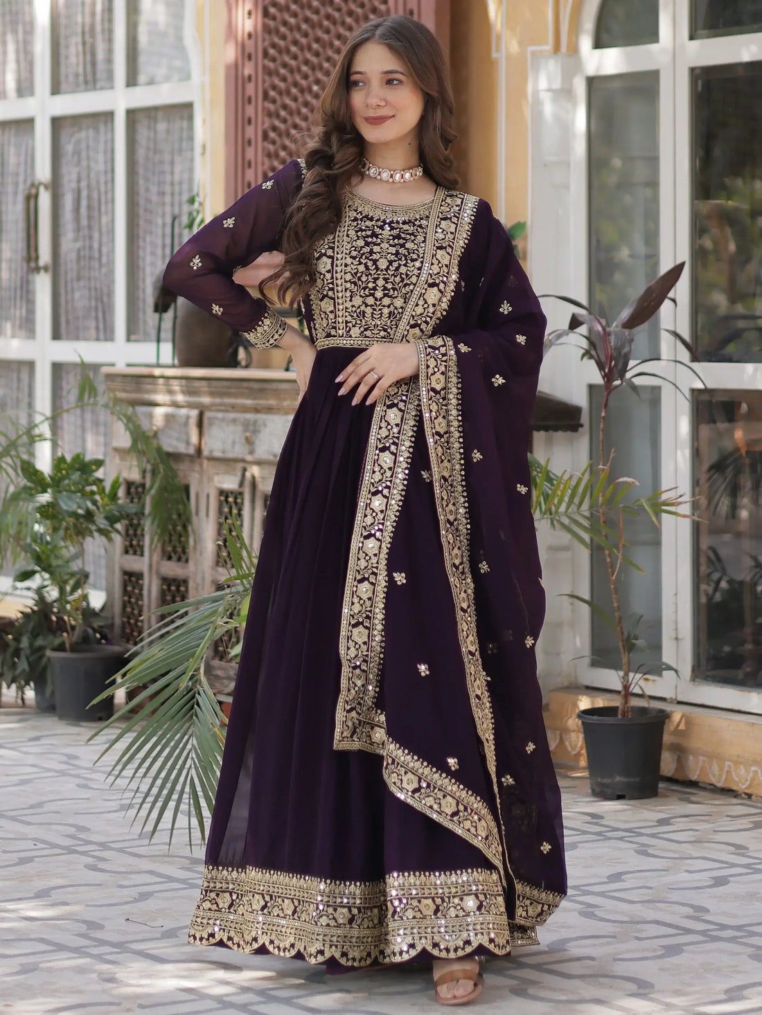 Glamorous Wine Zari Embroidered Georgette Reception Wear Gown - Zeel Clothing