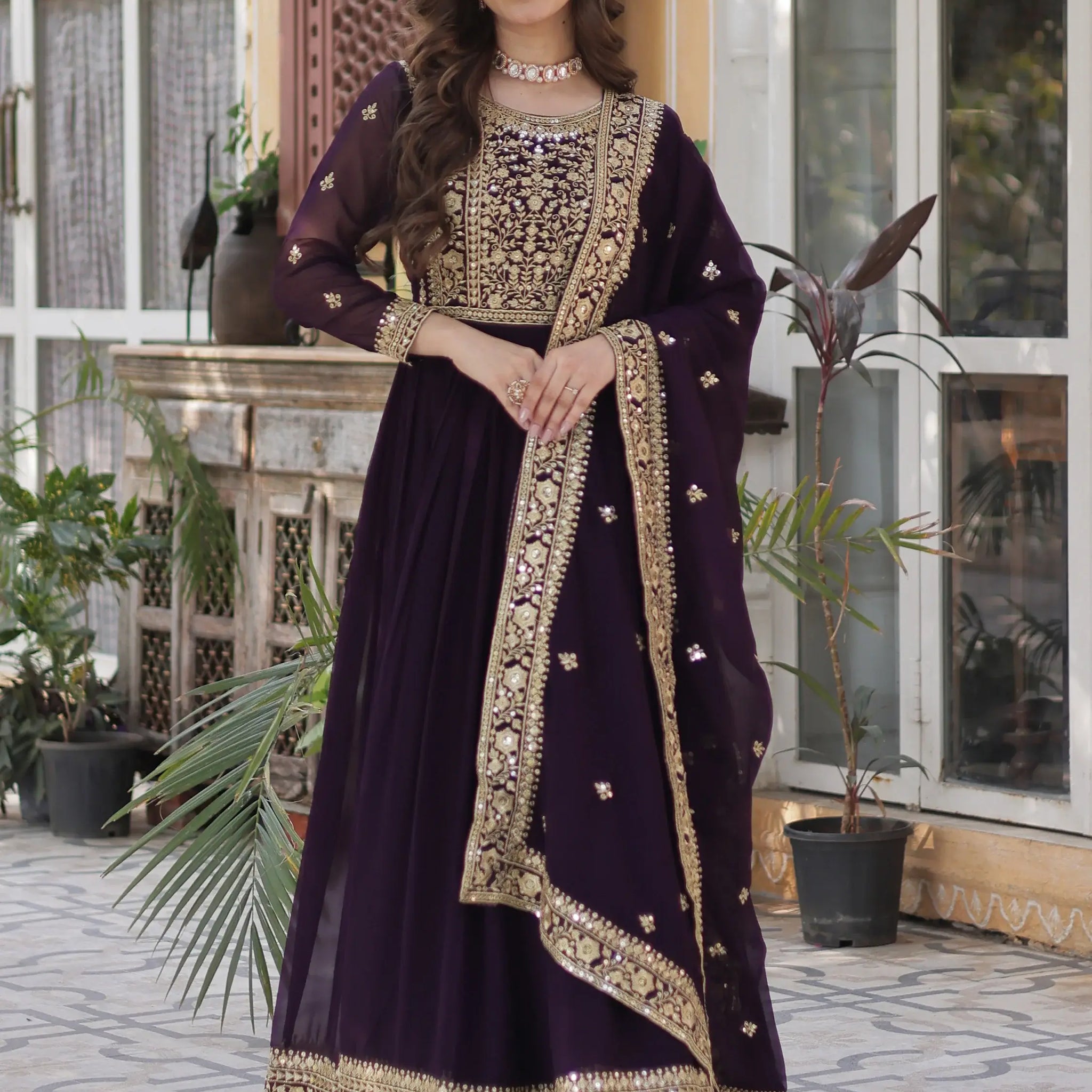 Glamorous Wine Zari Embroidered Georgette Reception Wear Gown - Zeel Clothing