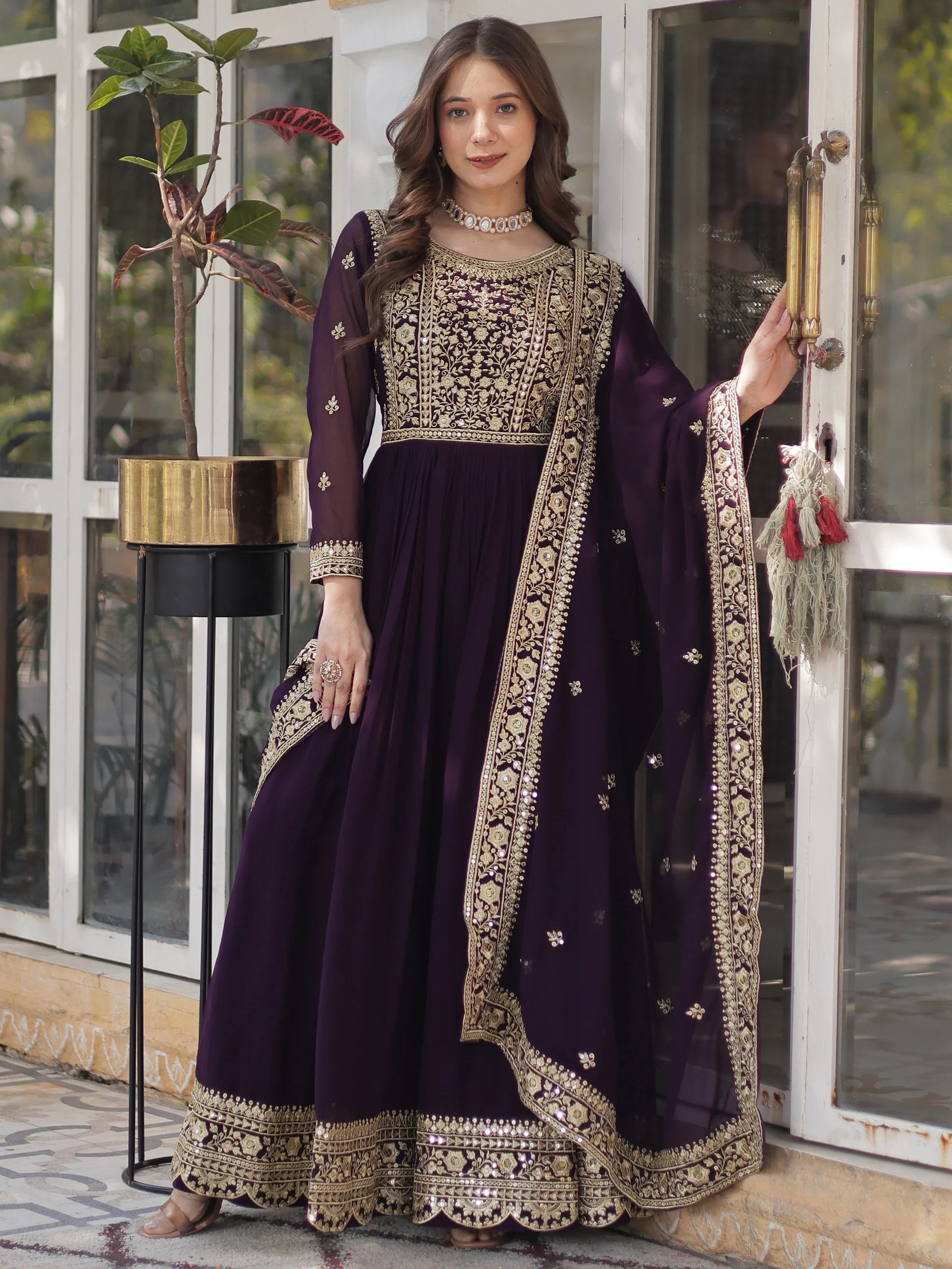 Glamorous Wine Zari Embroidered Georgette Reception Wear Gown - Zeel Clothing