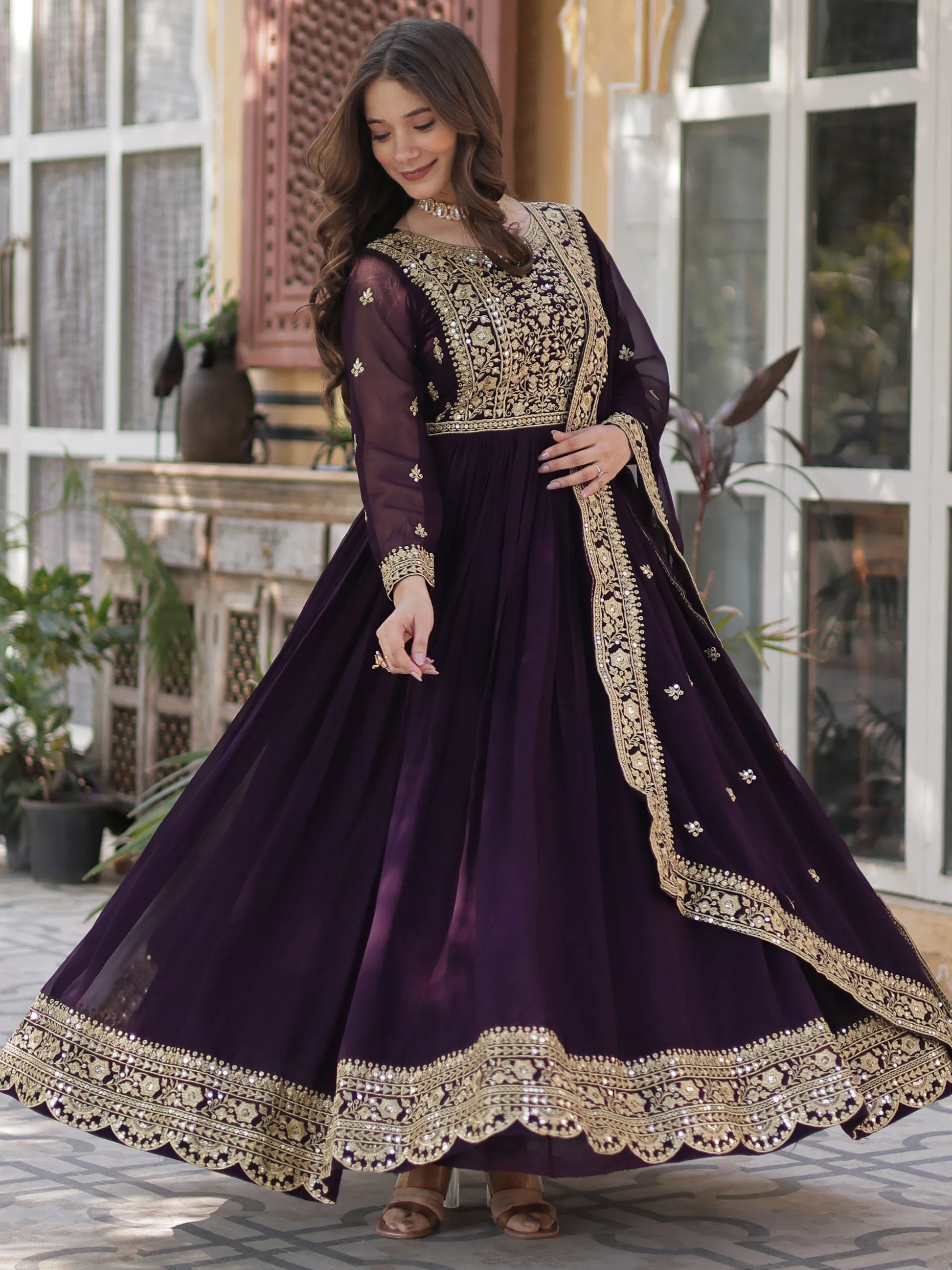 Glamorous Wine Zari Embroidered Georgette Reception Wear Gown - Zeel Clothing