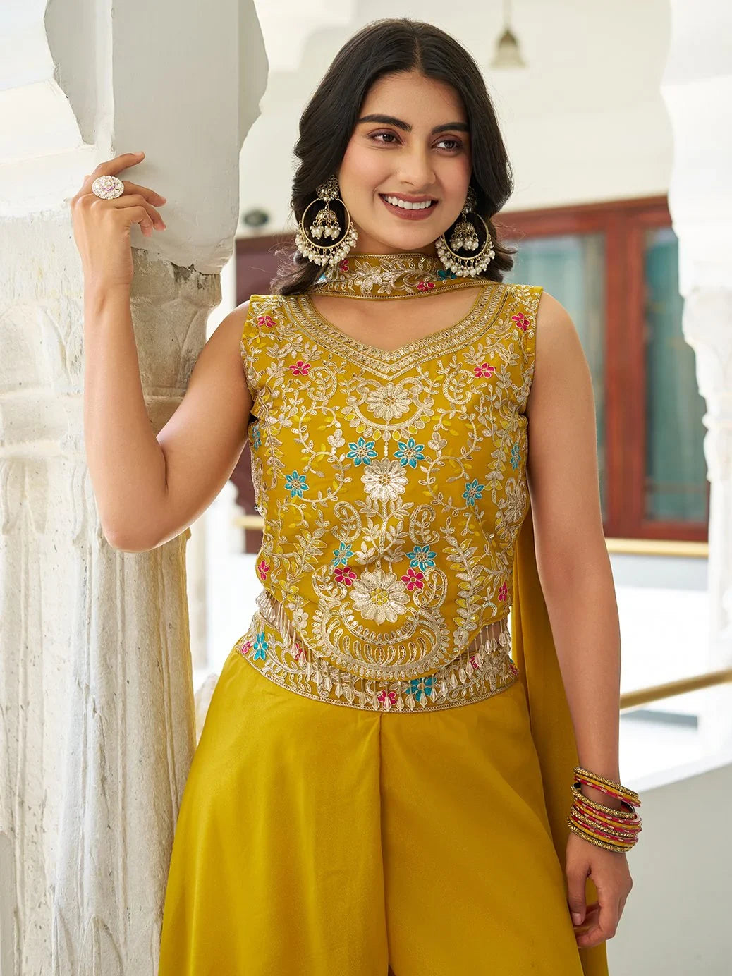 Glamorous Yellow Embroidered Georgette Party Wear Palazzo Suit - Zeel Clothing