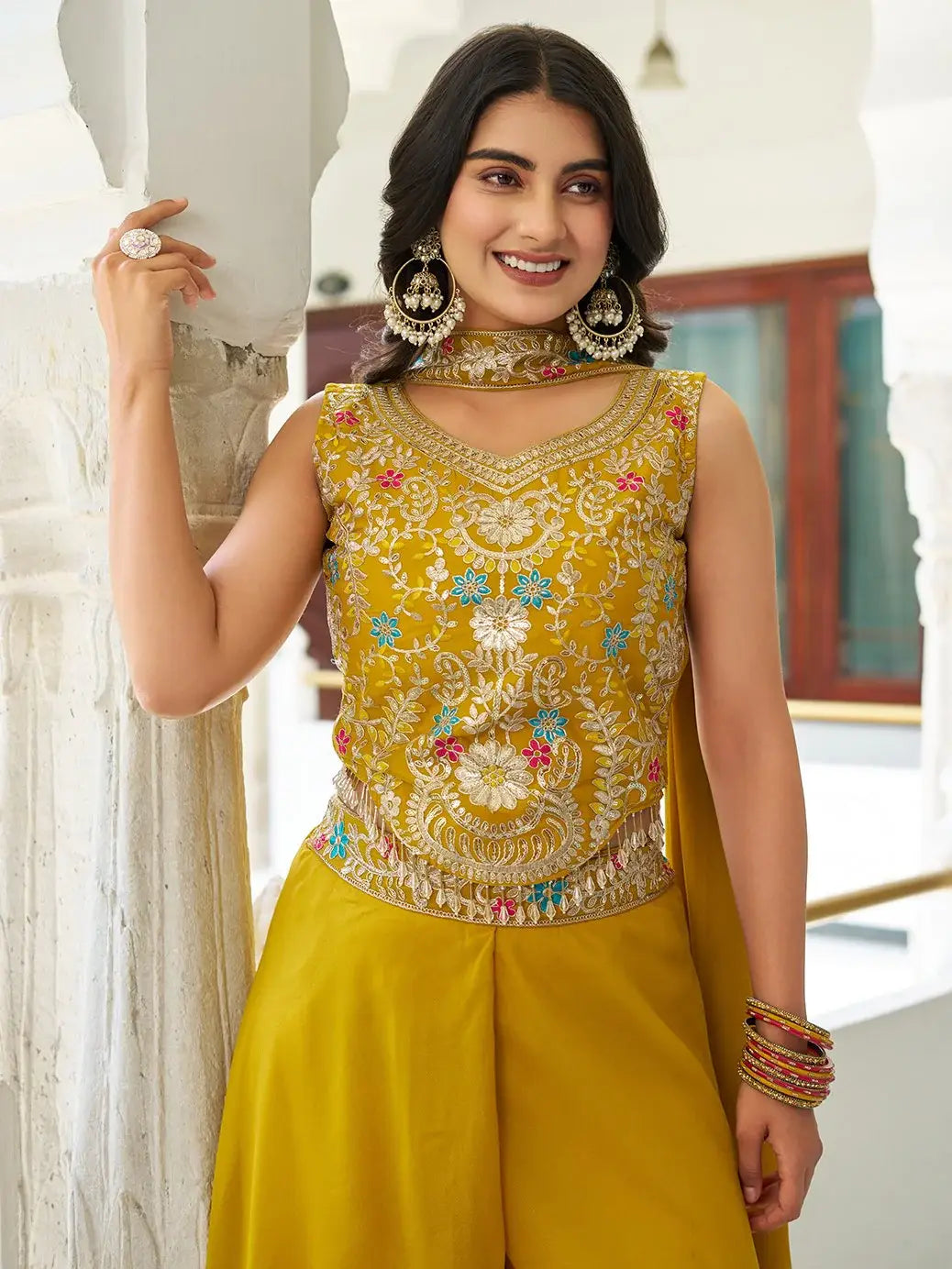 Glamorous Yellow Embroidered Georgette Party Wear Palazzo Suit - Zeel Clothing