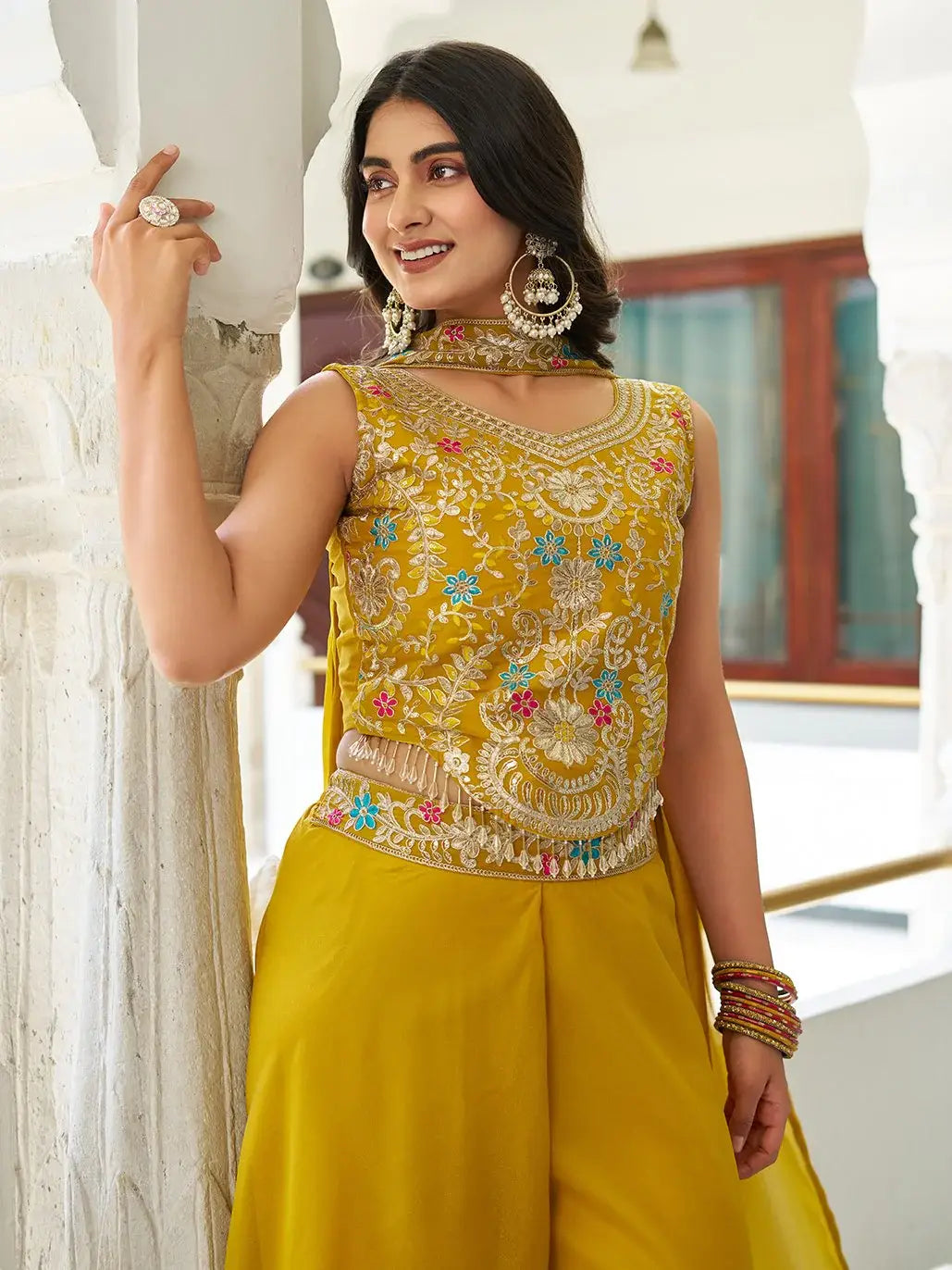 Glamorous Yellow Embroidered Georgette Party Wear Palazzo Suit - Zeel Clothing