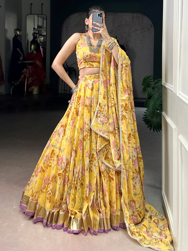 Glamorous Yellow Floral Printed Chiffon Haldi Wear Lehenga Choli With Dupatta