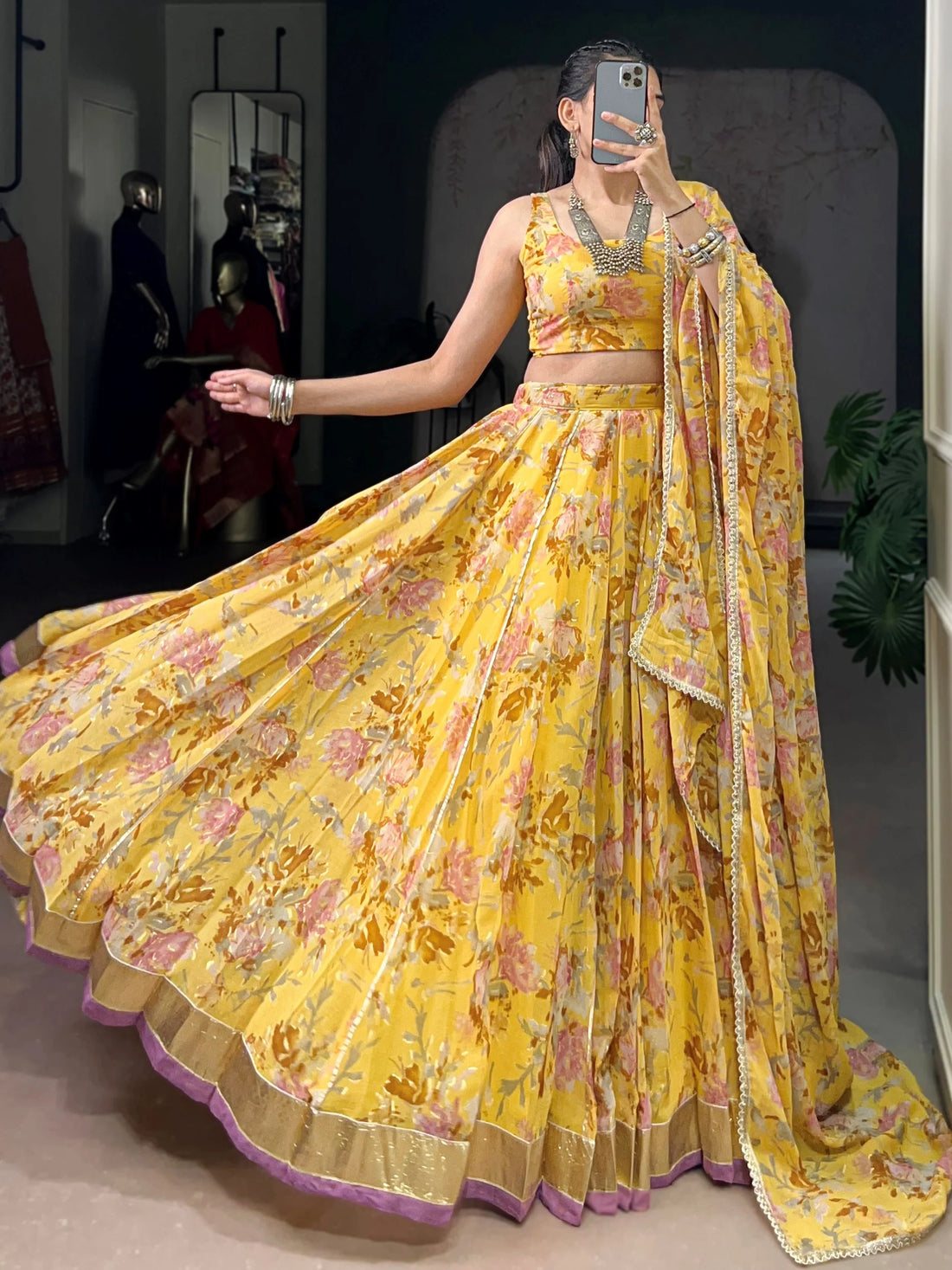 Glamorous Yellow Floral Printed Chiffon Haldi Wear Lehenga Choli With Dupatta