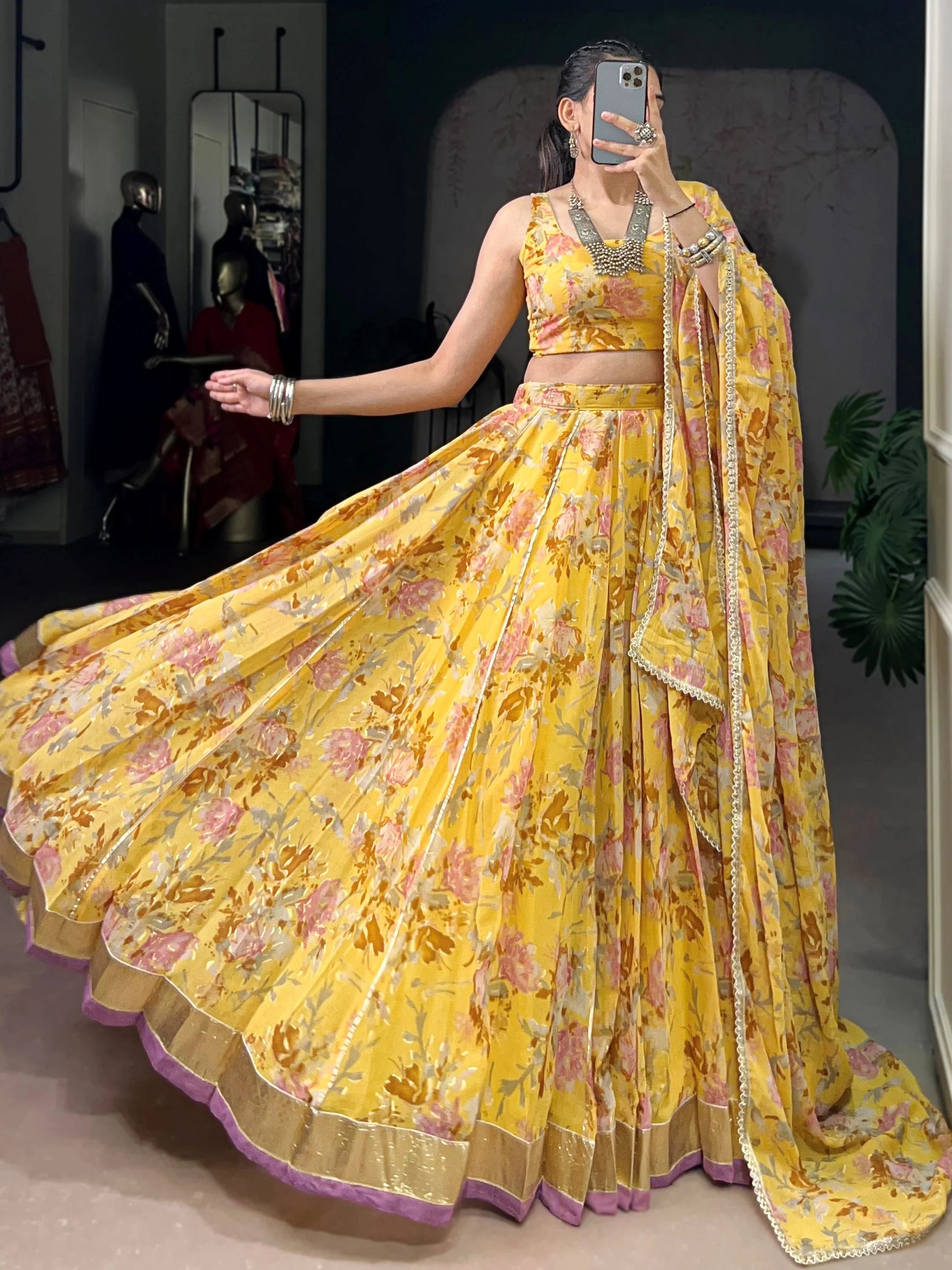 Glamorous Yellow Floral Printed Chiffon Haldi Wear Lehenga Choli With Dupatta