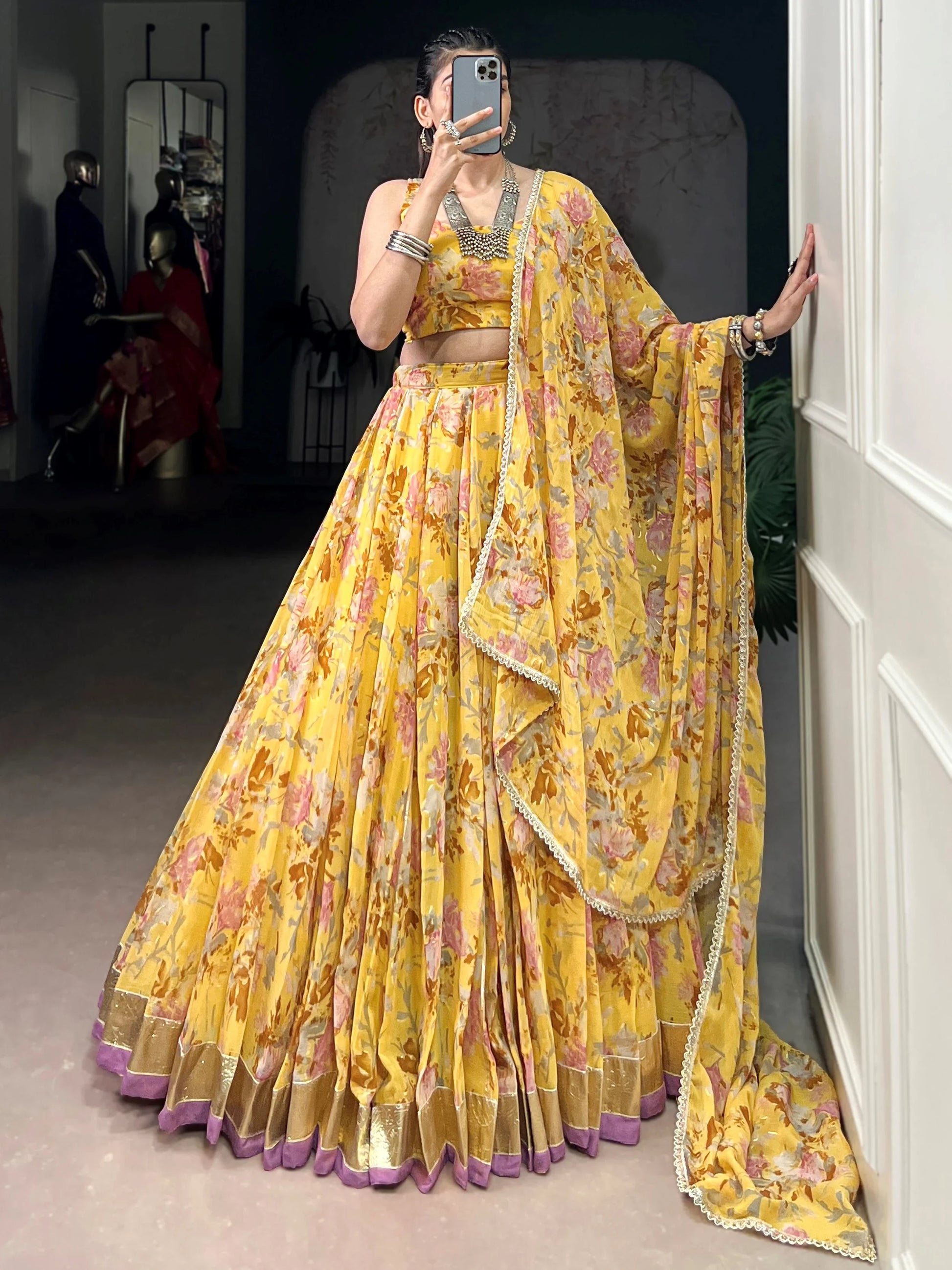 Glamorous Yellow Floral Printed Chiffon Haldi Wear Lehenga Choli With Dupatta