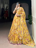Glamorous Yellow Floral Printed Chiffon Haldi Wear Lehenga Choli With Dupatta